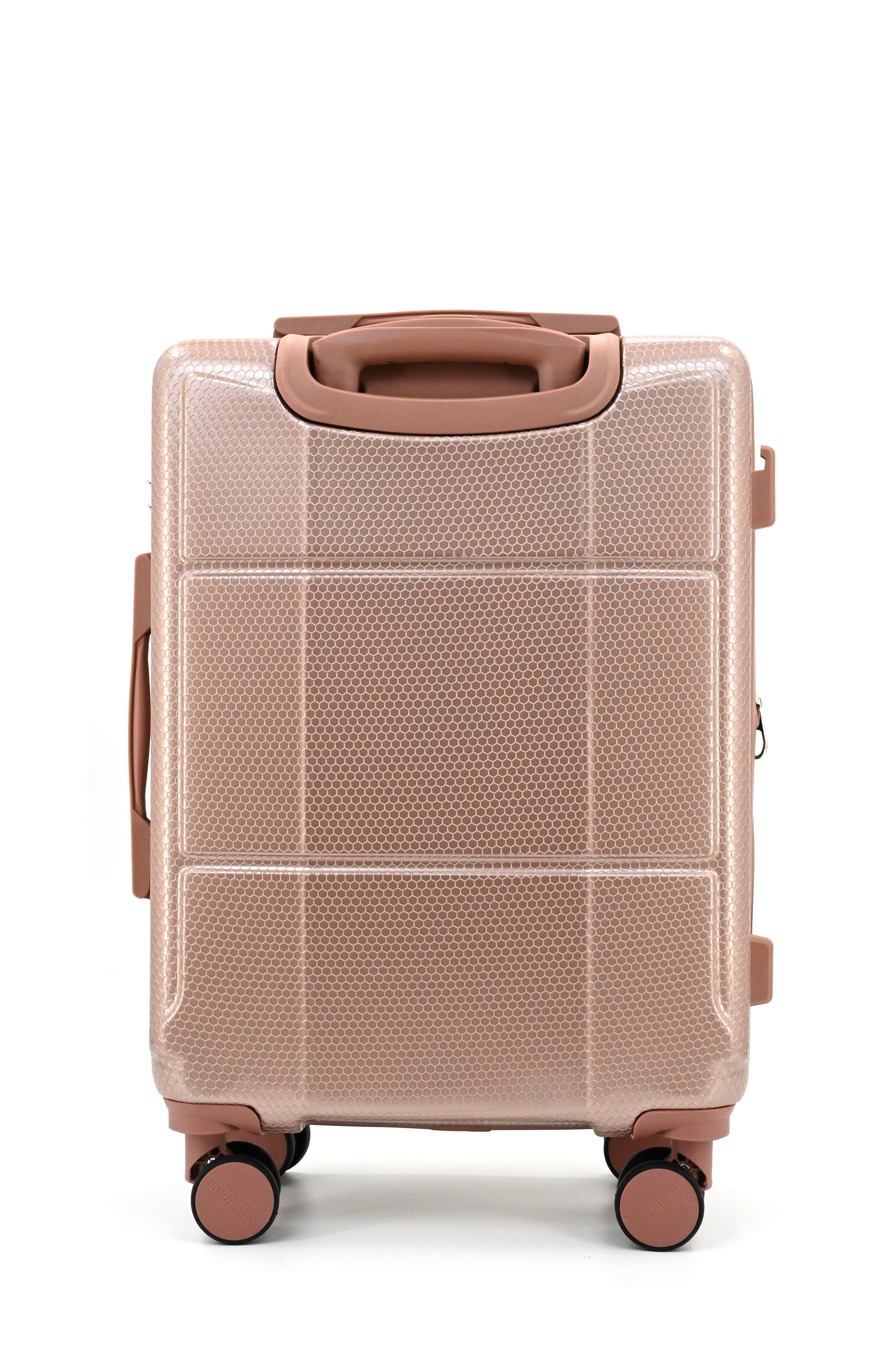 Rose gold suitcase with wheels on a white background