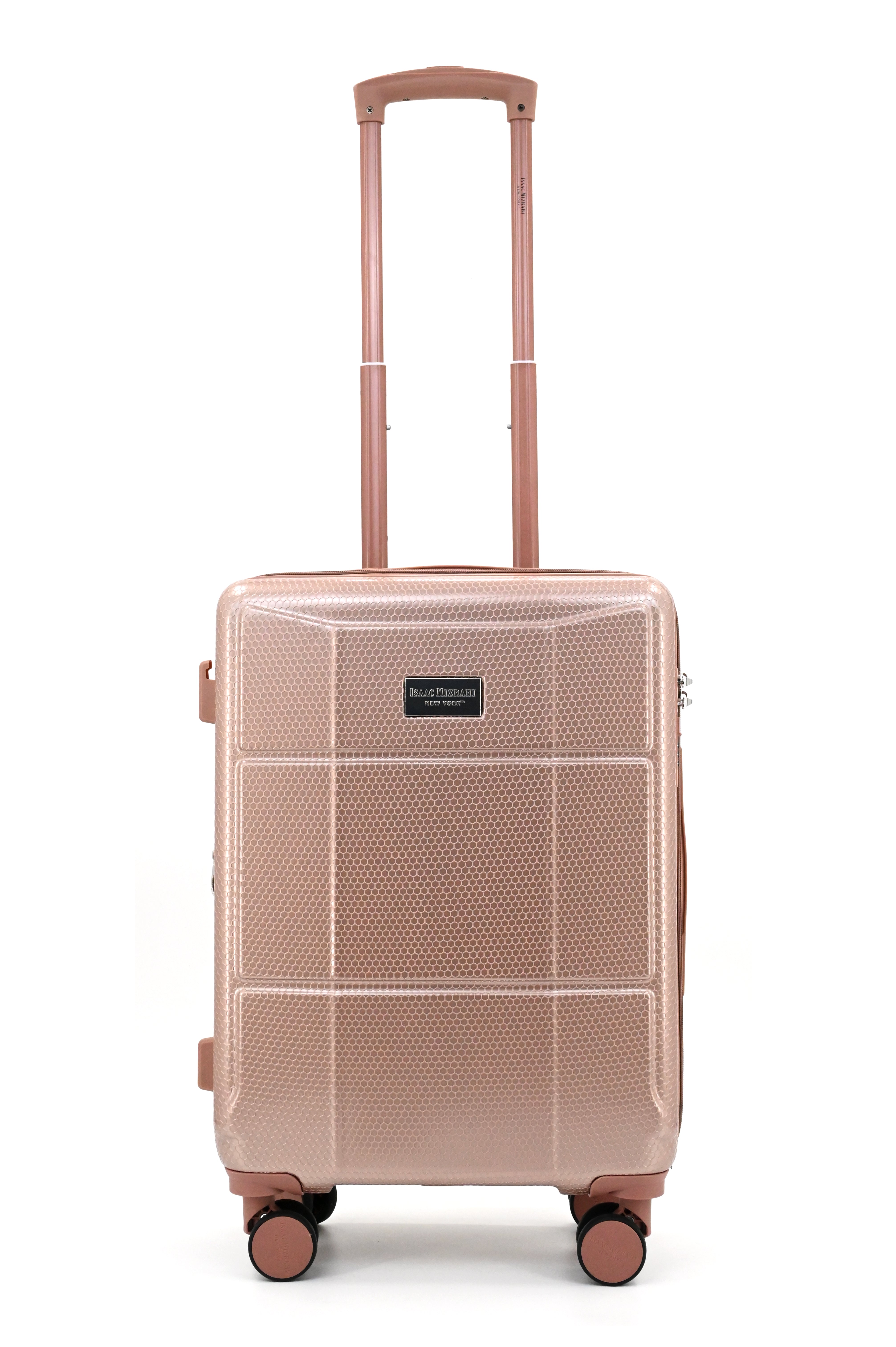 Rose gold suitcase with a textured surface on a white background