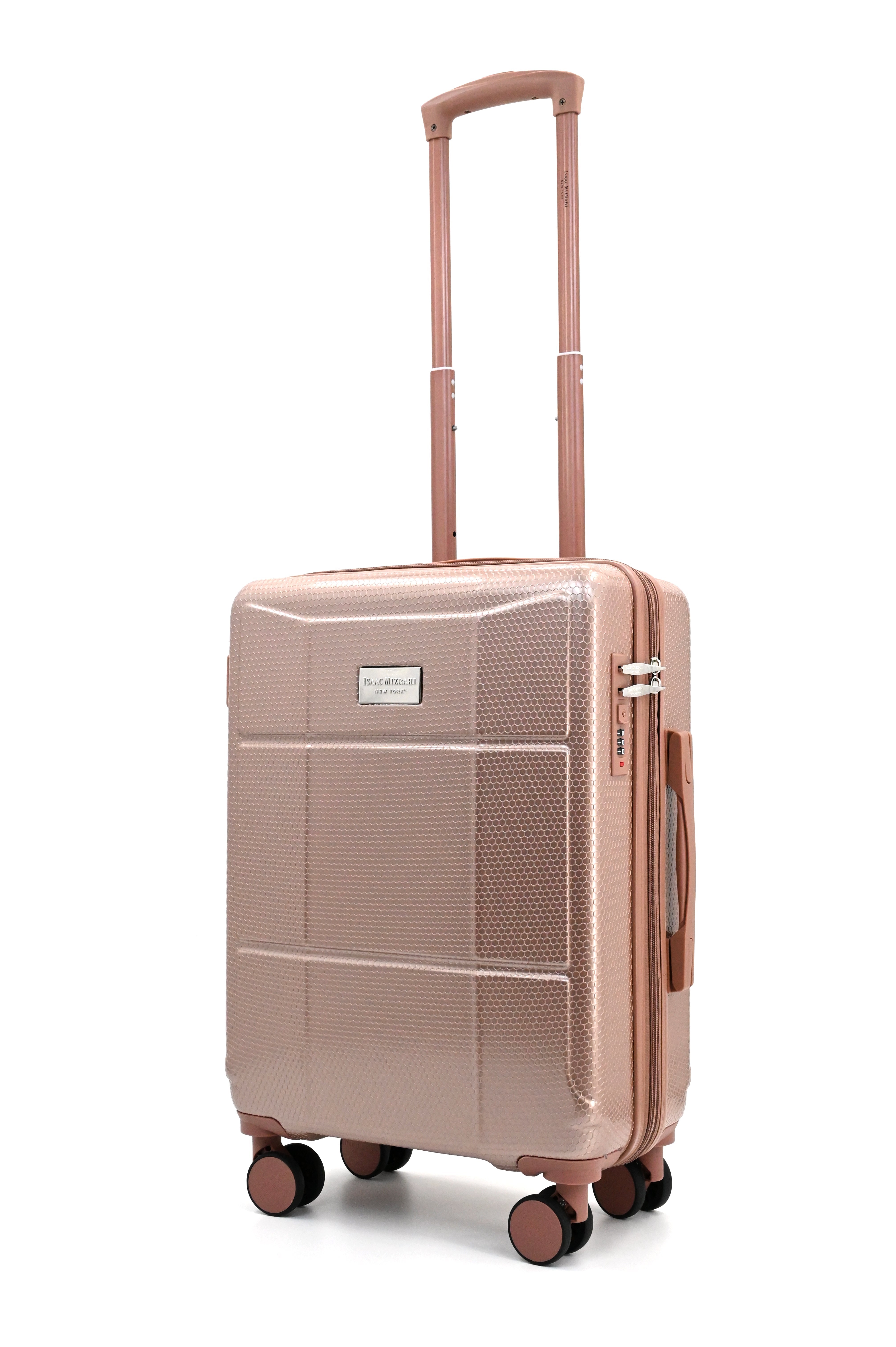 Rose gold suitcase with wheels on a white background