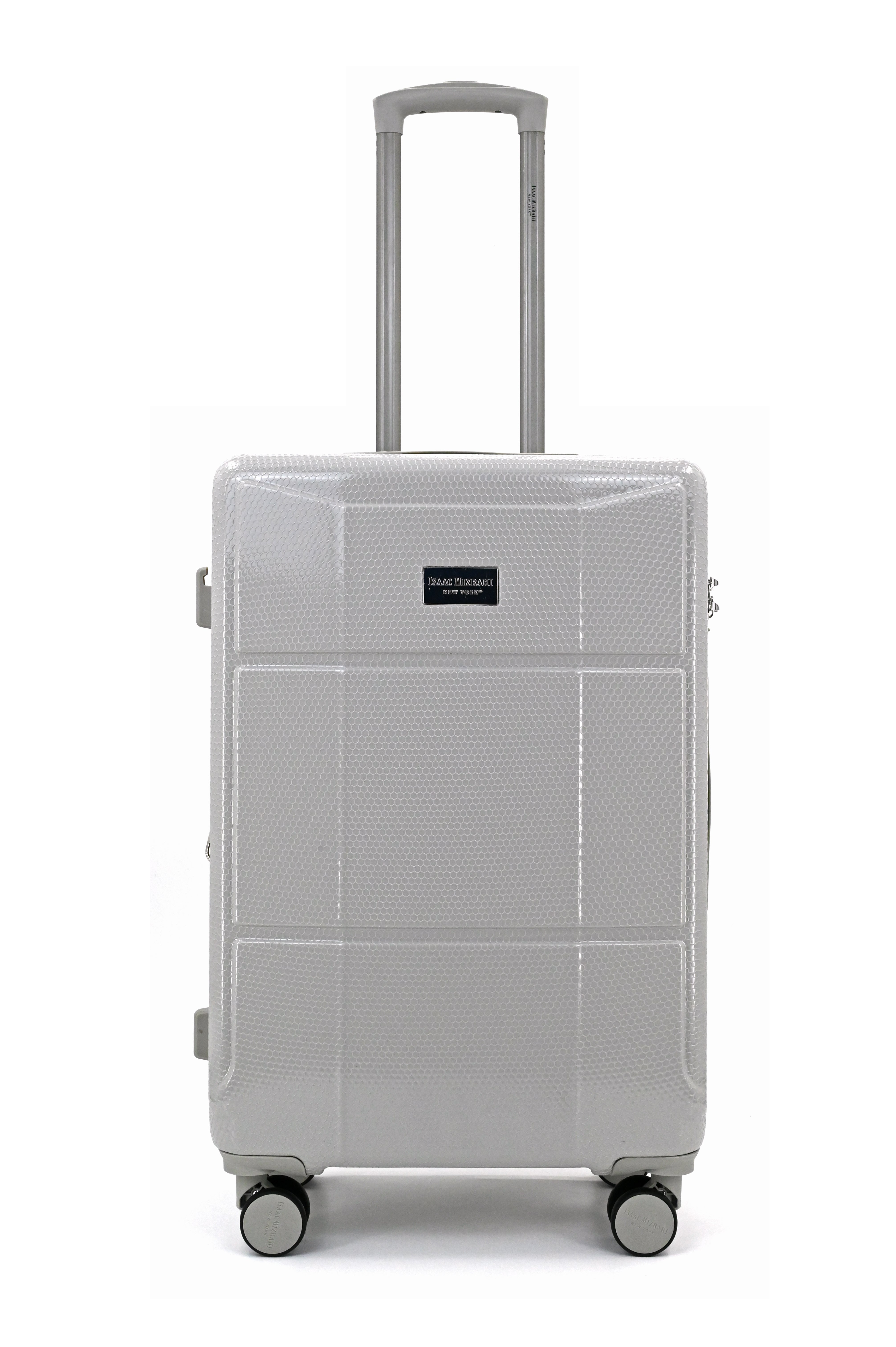 Gray suitcase with wheels on a white background