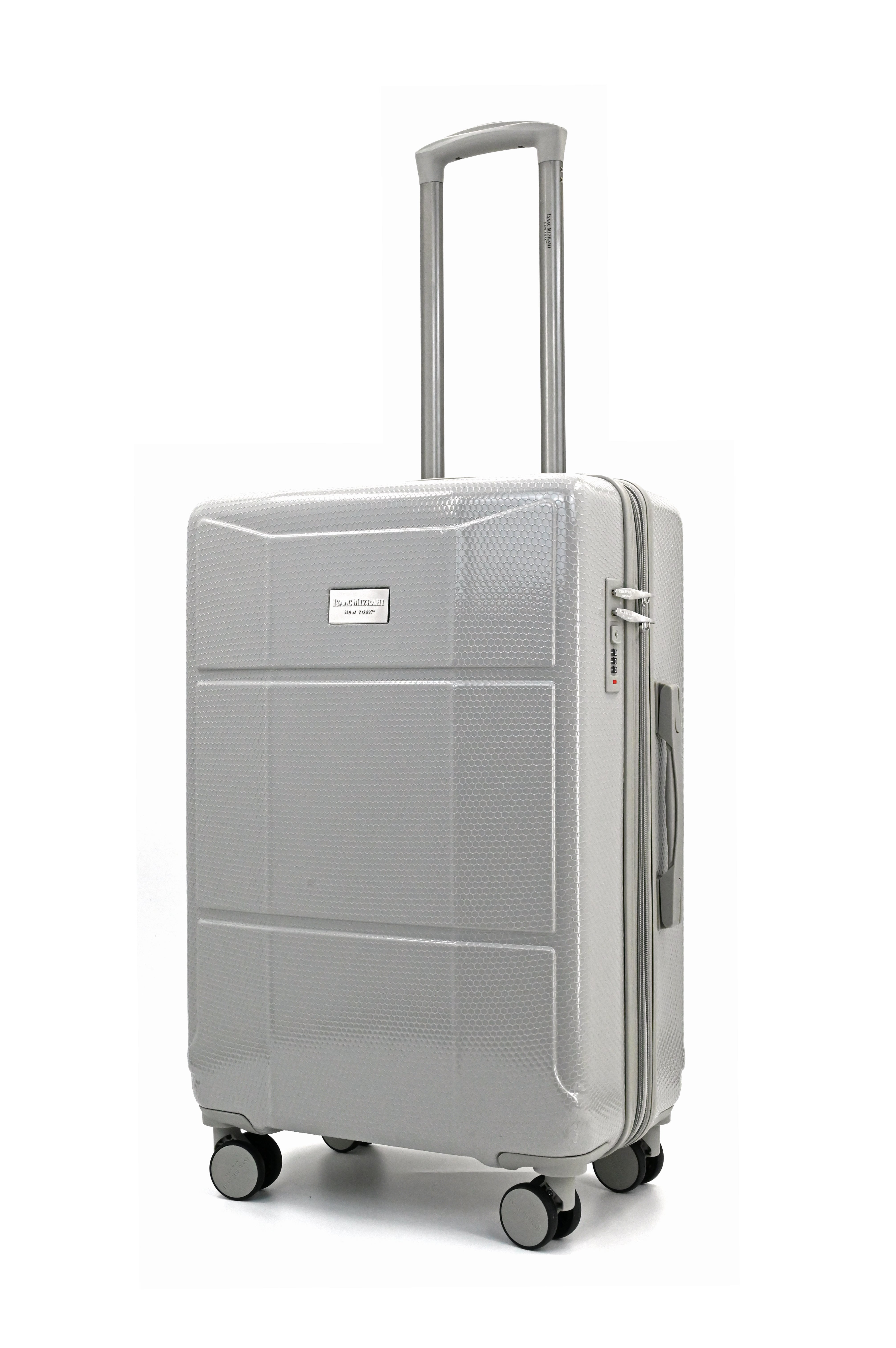 Silver suitcase with wheels on a white background