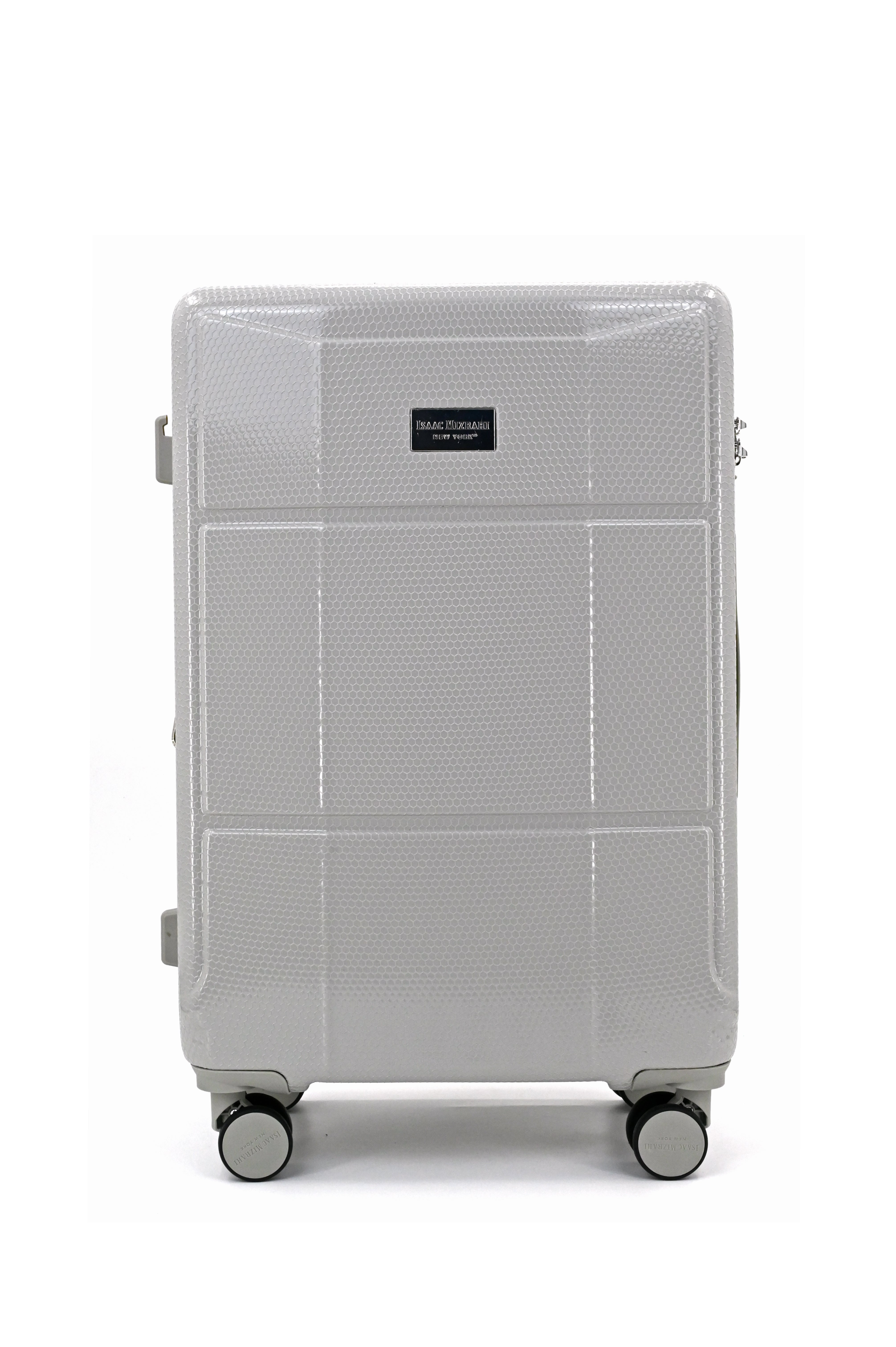 Silver suitcase with a brand logo on a white background