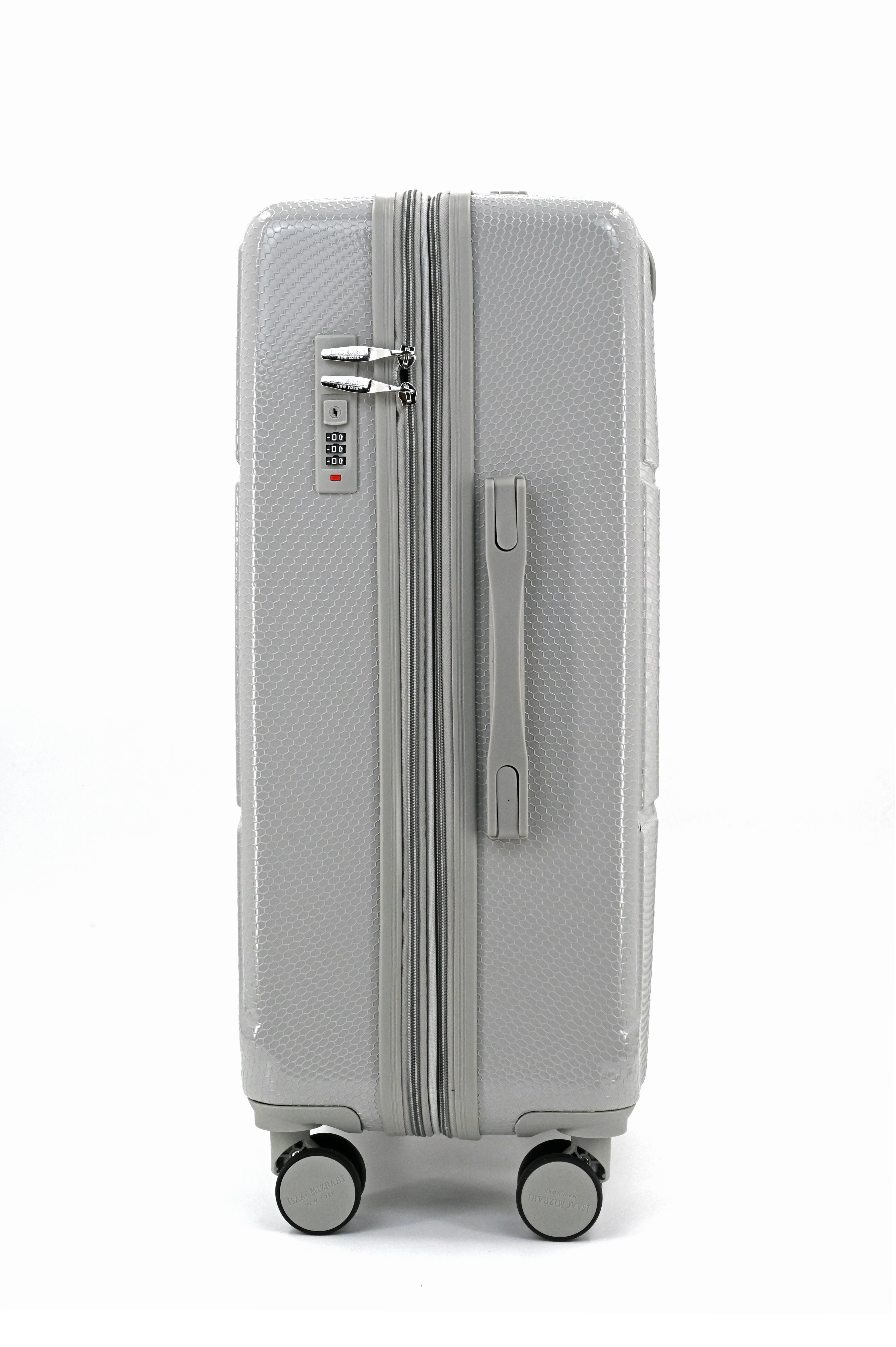 Gray suitcase with wheels on a white background