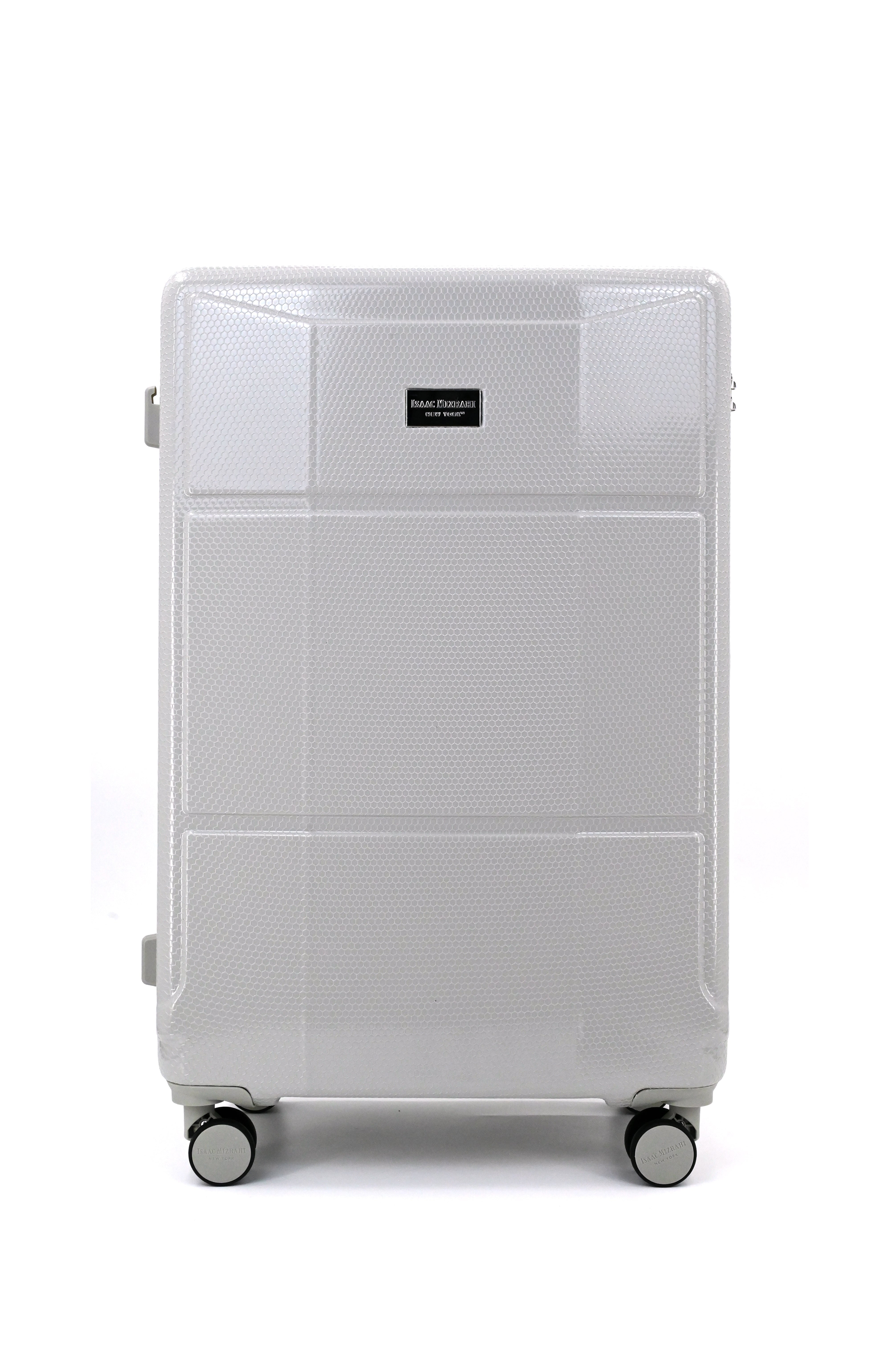 White suitcase with a visible brand logo on a white background