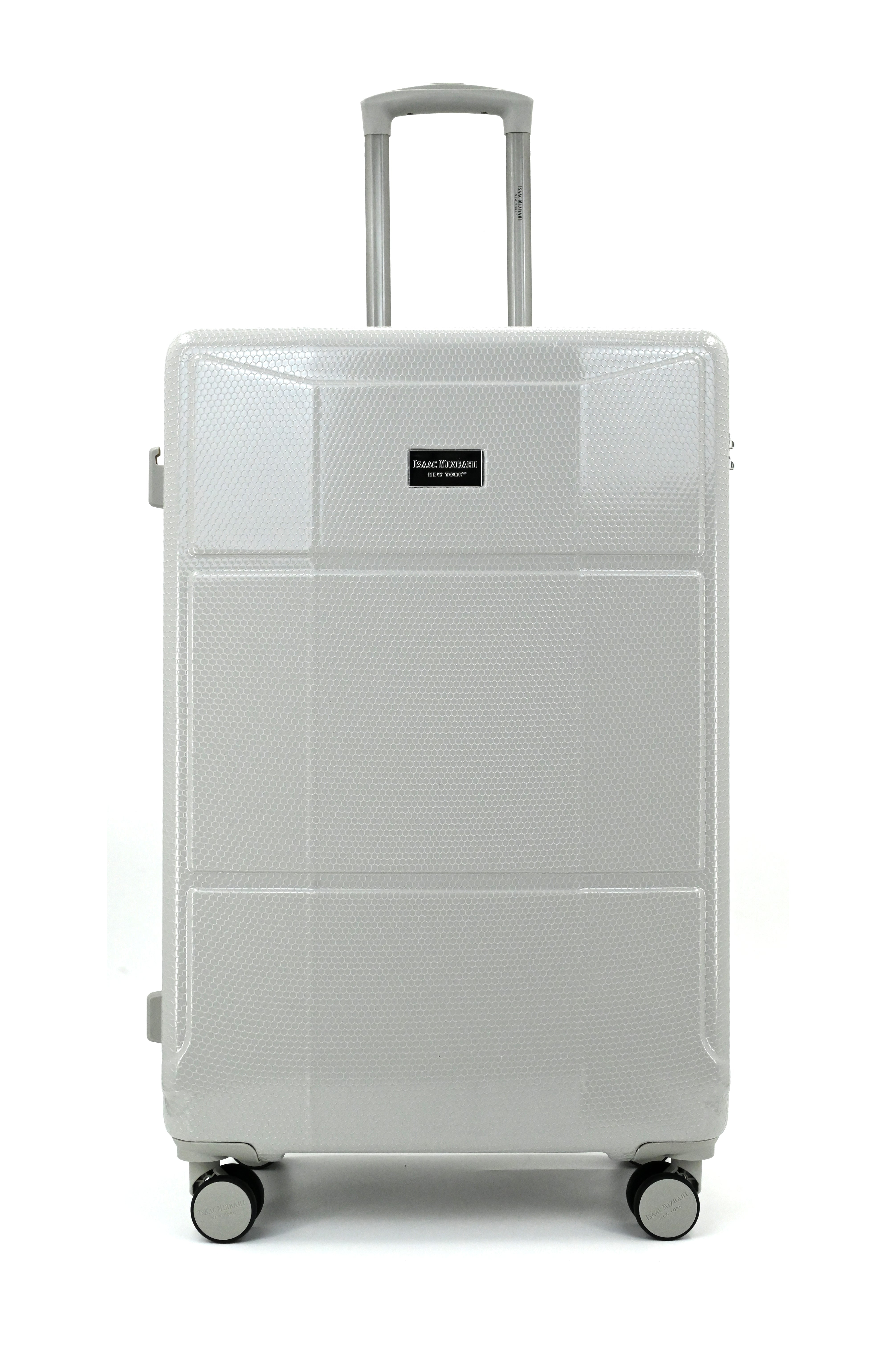 White suitcase with a visible brand logo on a white background