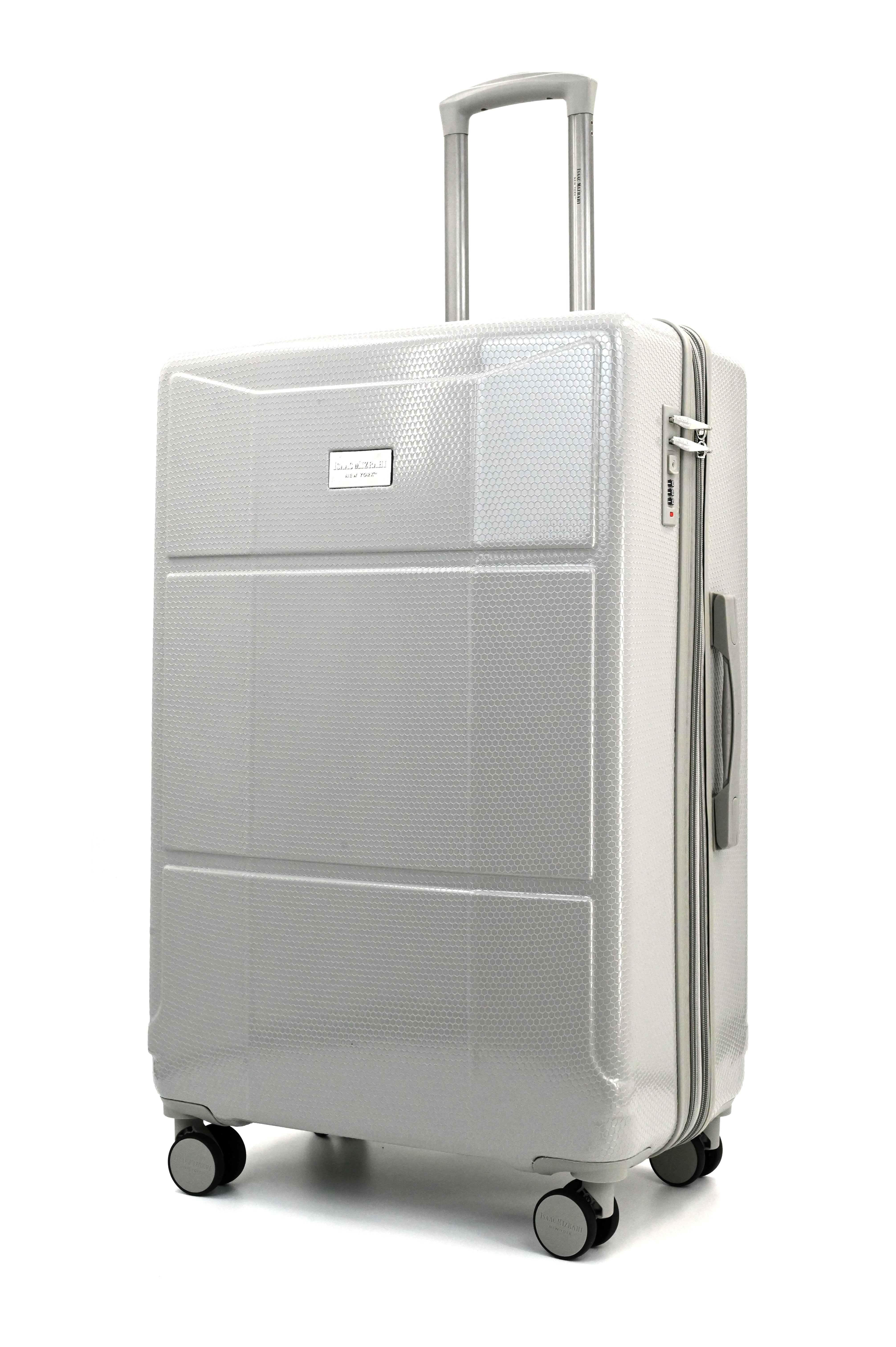 Silver suitcase with wheels on a white background