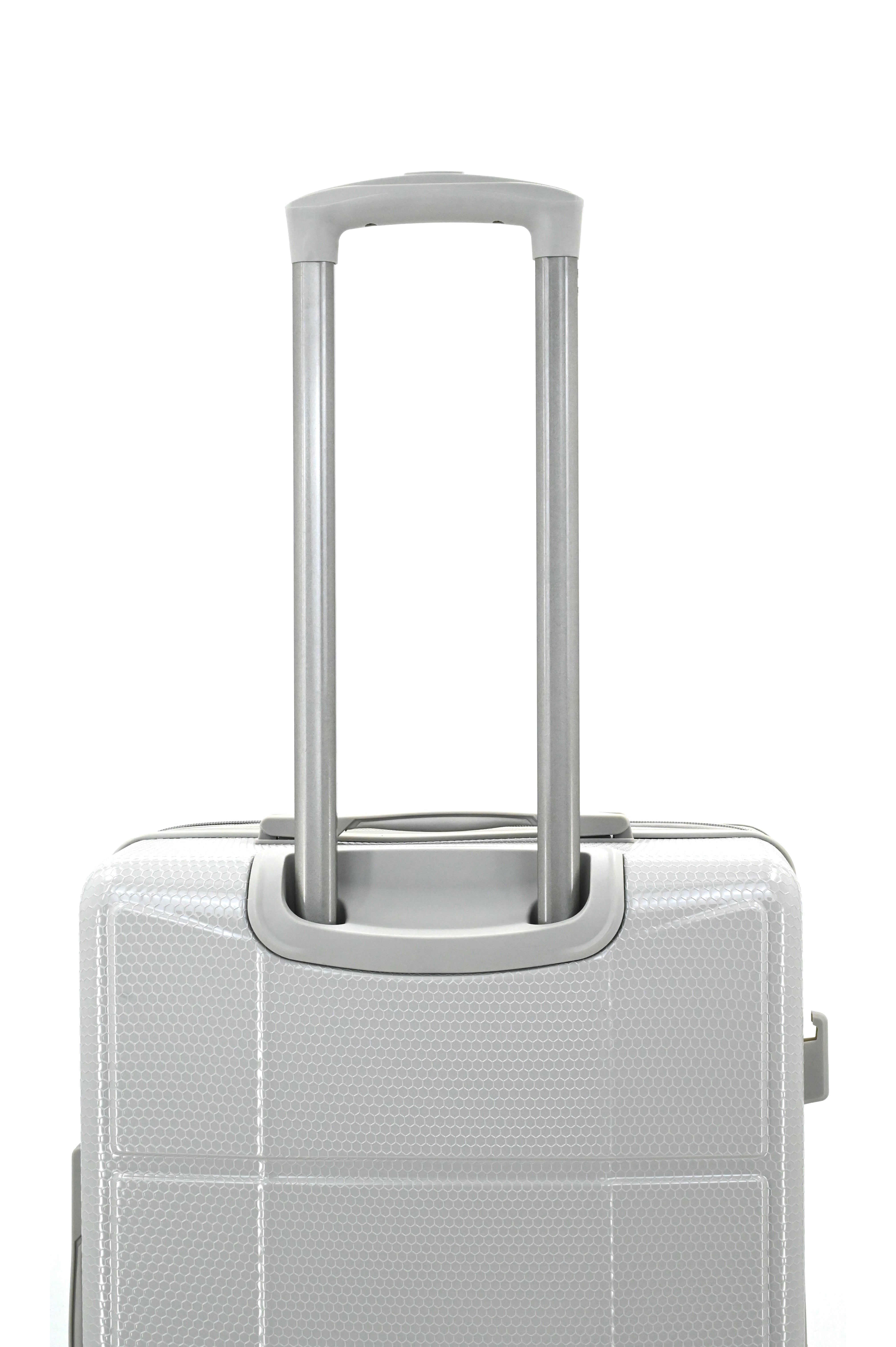 Silver suitcase with a textured surface on a white background