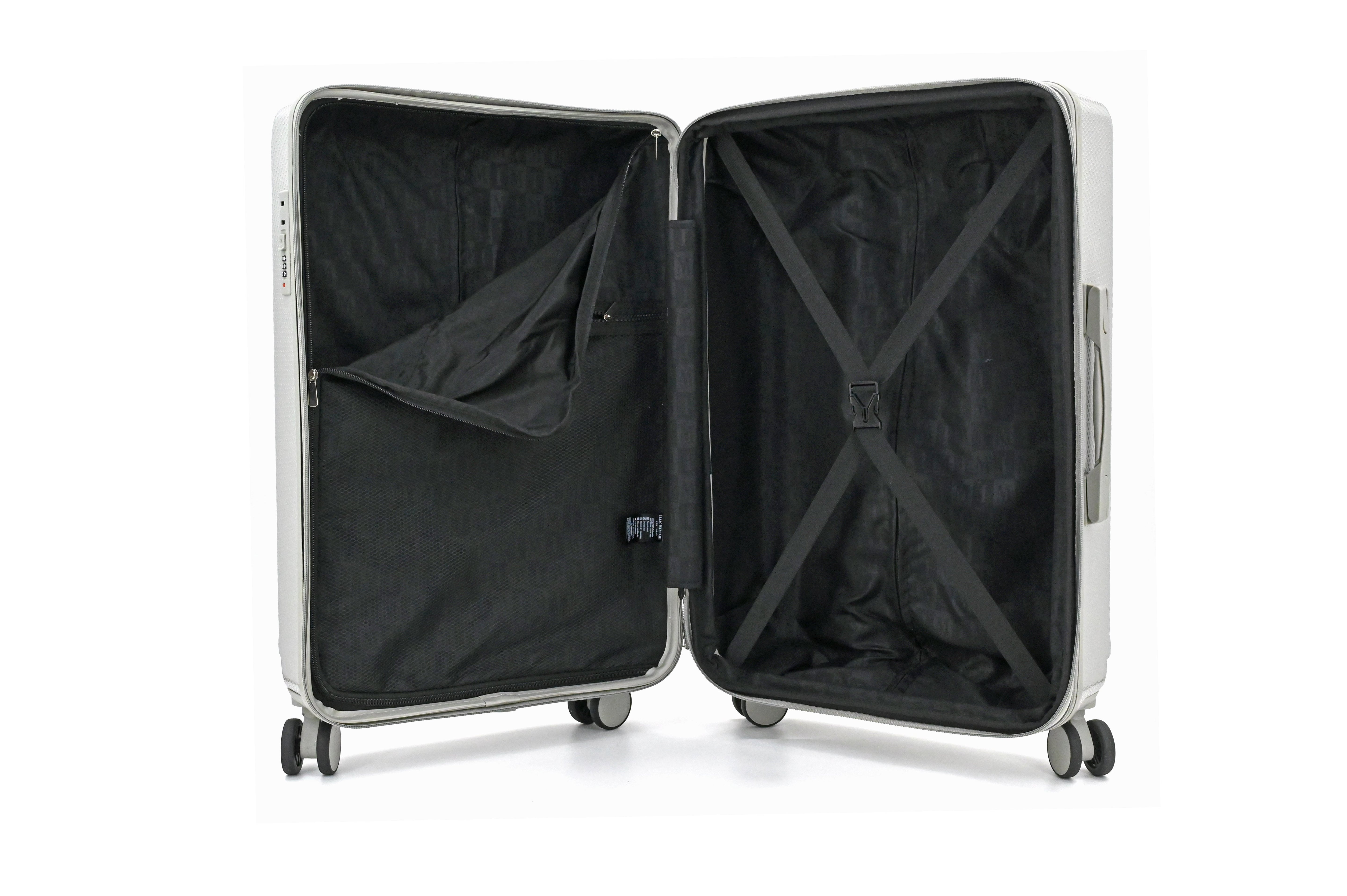 Open silver suitcase with black interior on a white background
