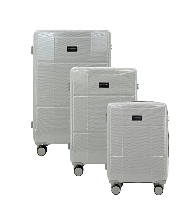 Set of three gray suitcases with wheels on a white background