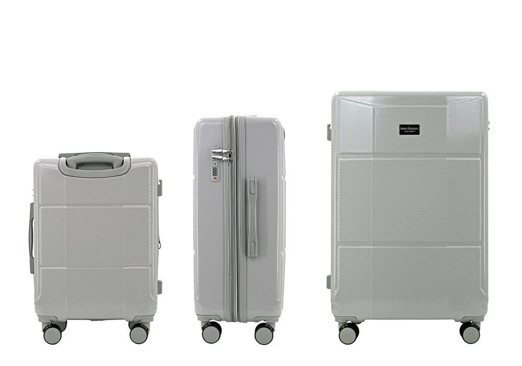 Three sizes of gray suitcases on a white background