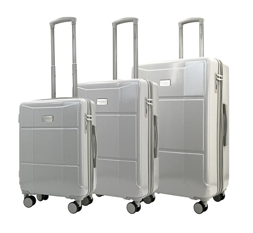 Set of three gray suitcases with wheels on a white background