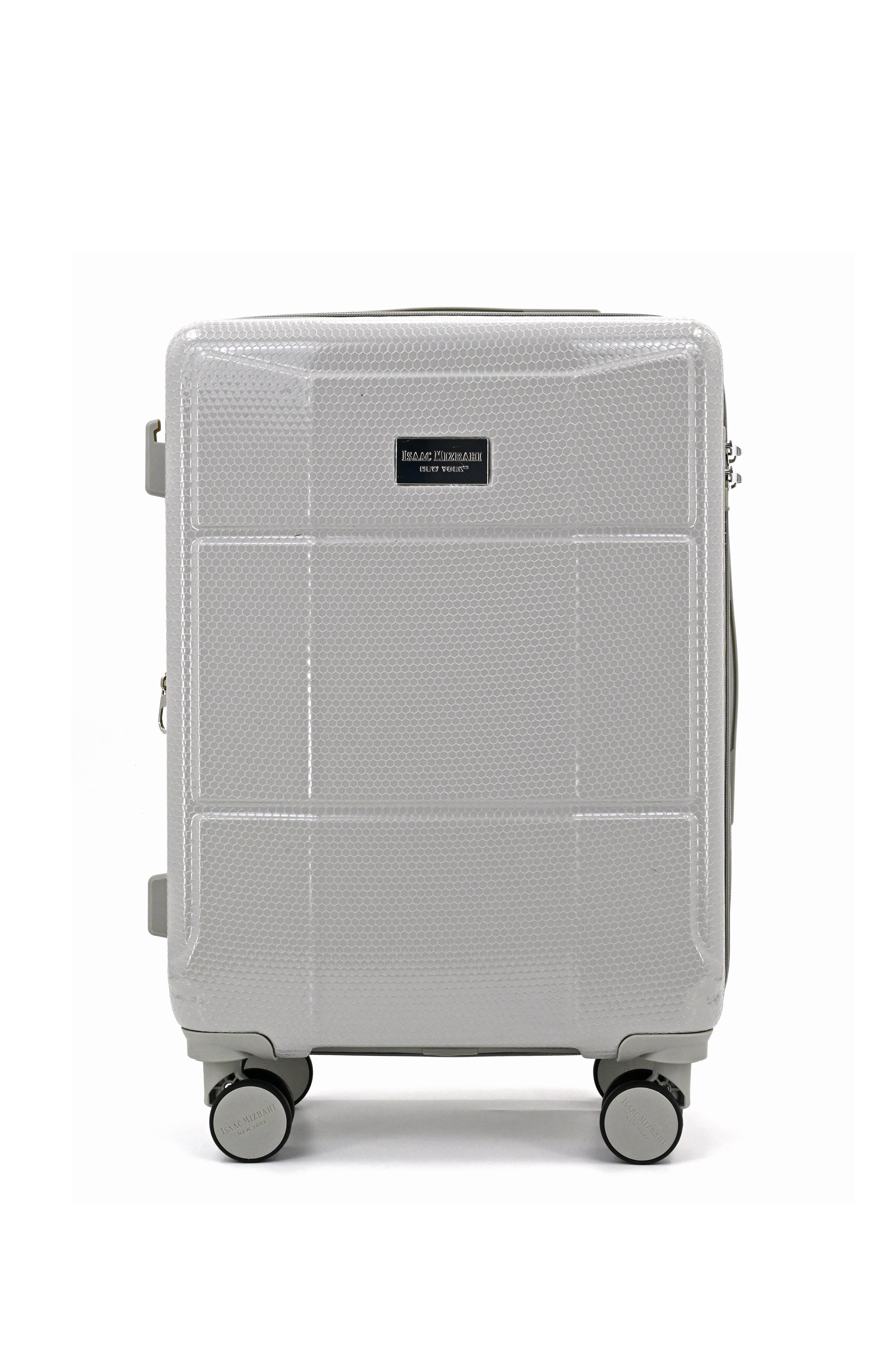 Silver suitcase with wheels on a white background
