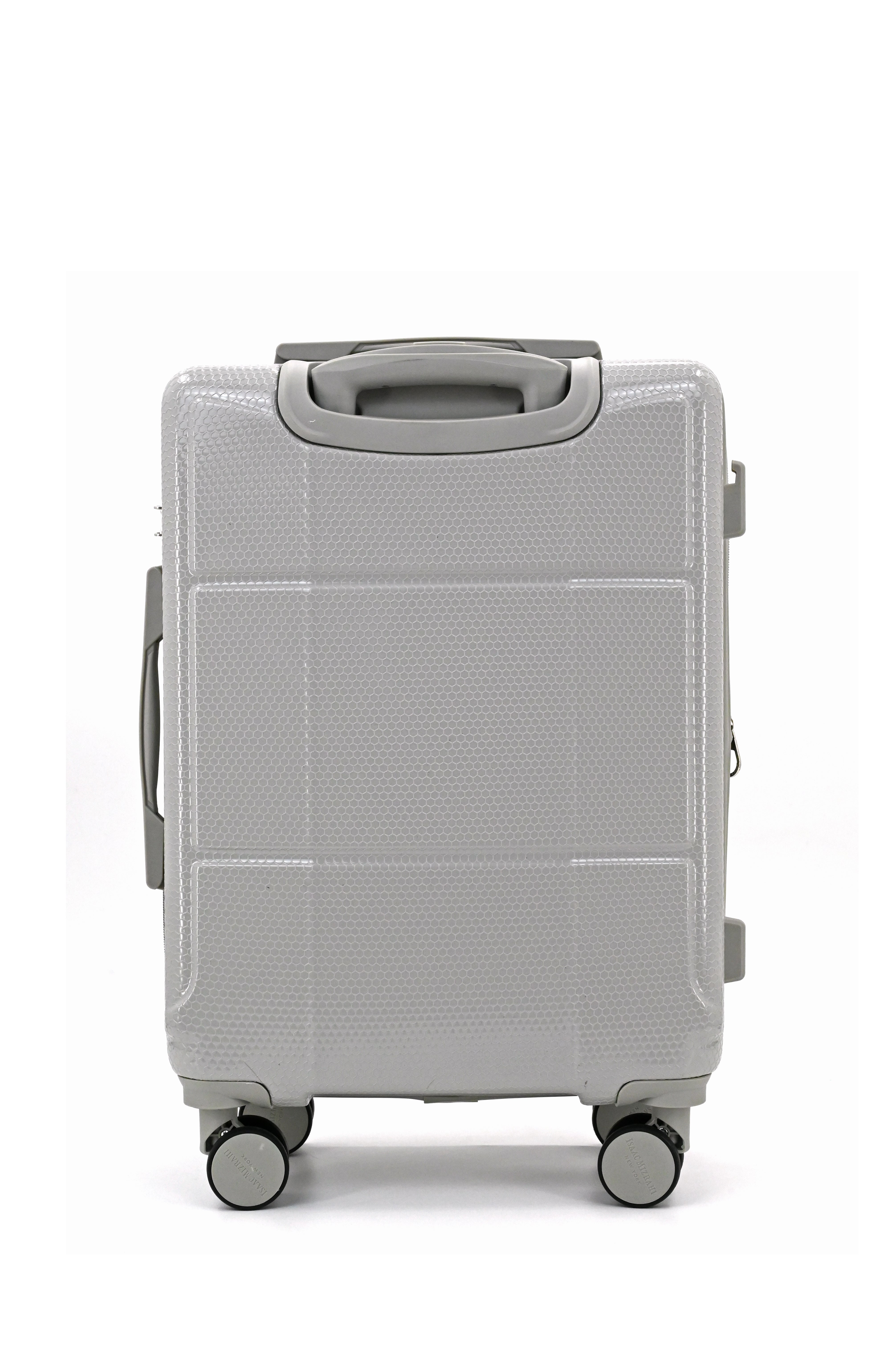 Gray suitcase with wheels on a white background