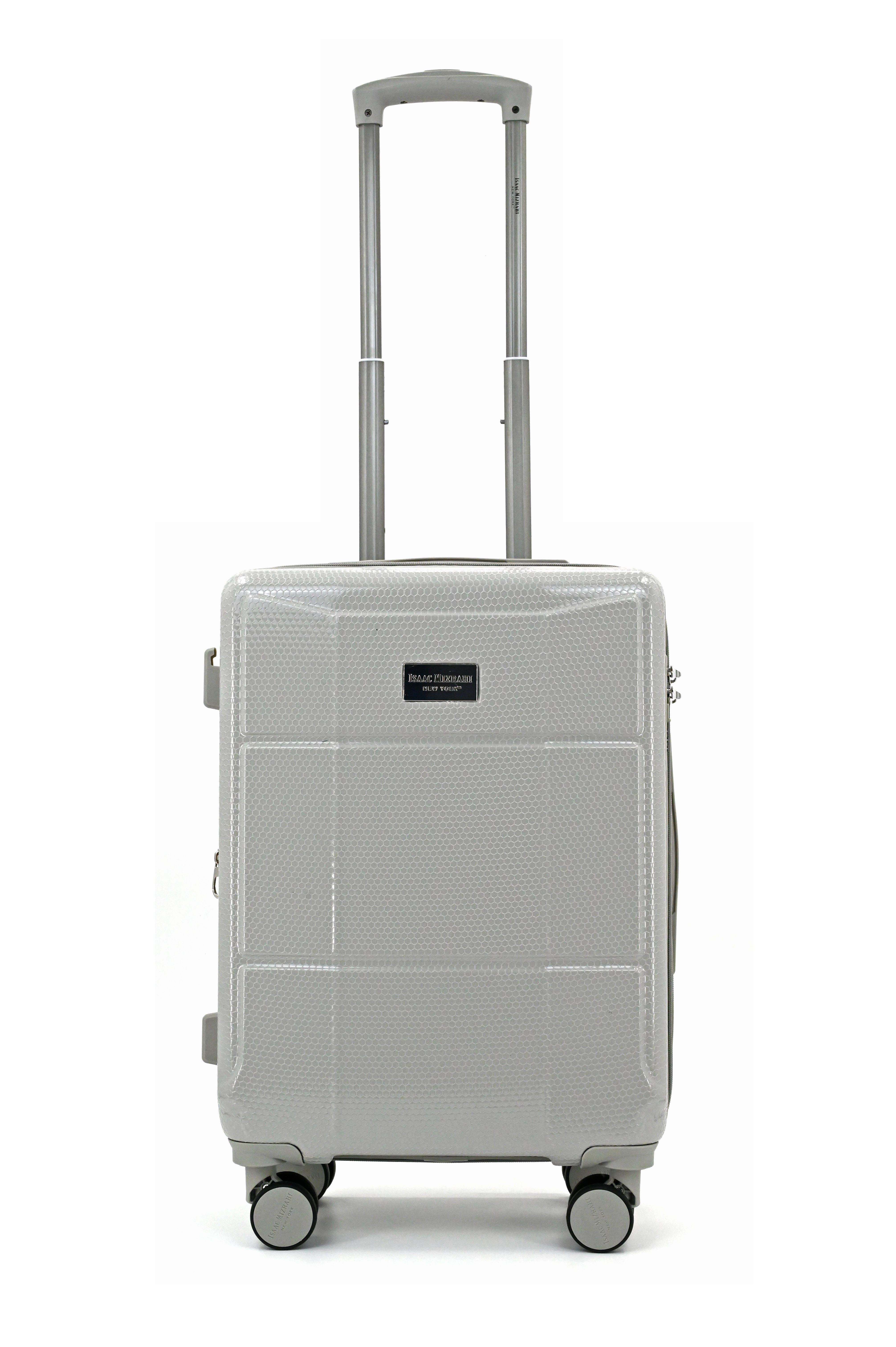 Gray suitcase with wheels on a white background