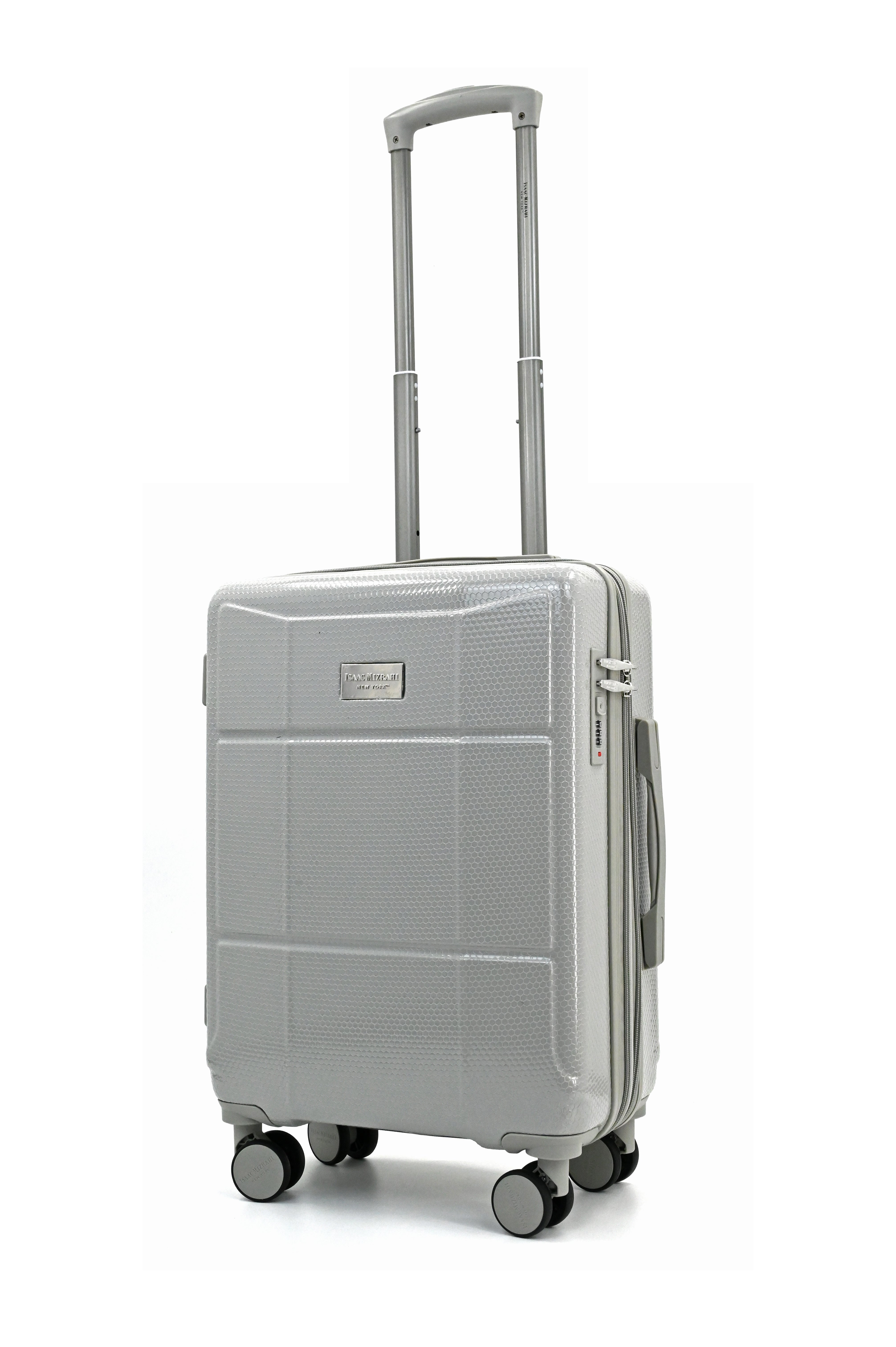 Silver suitcase with wheels on a white background