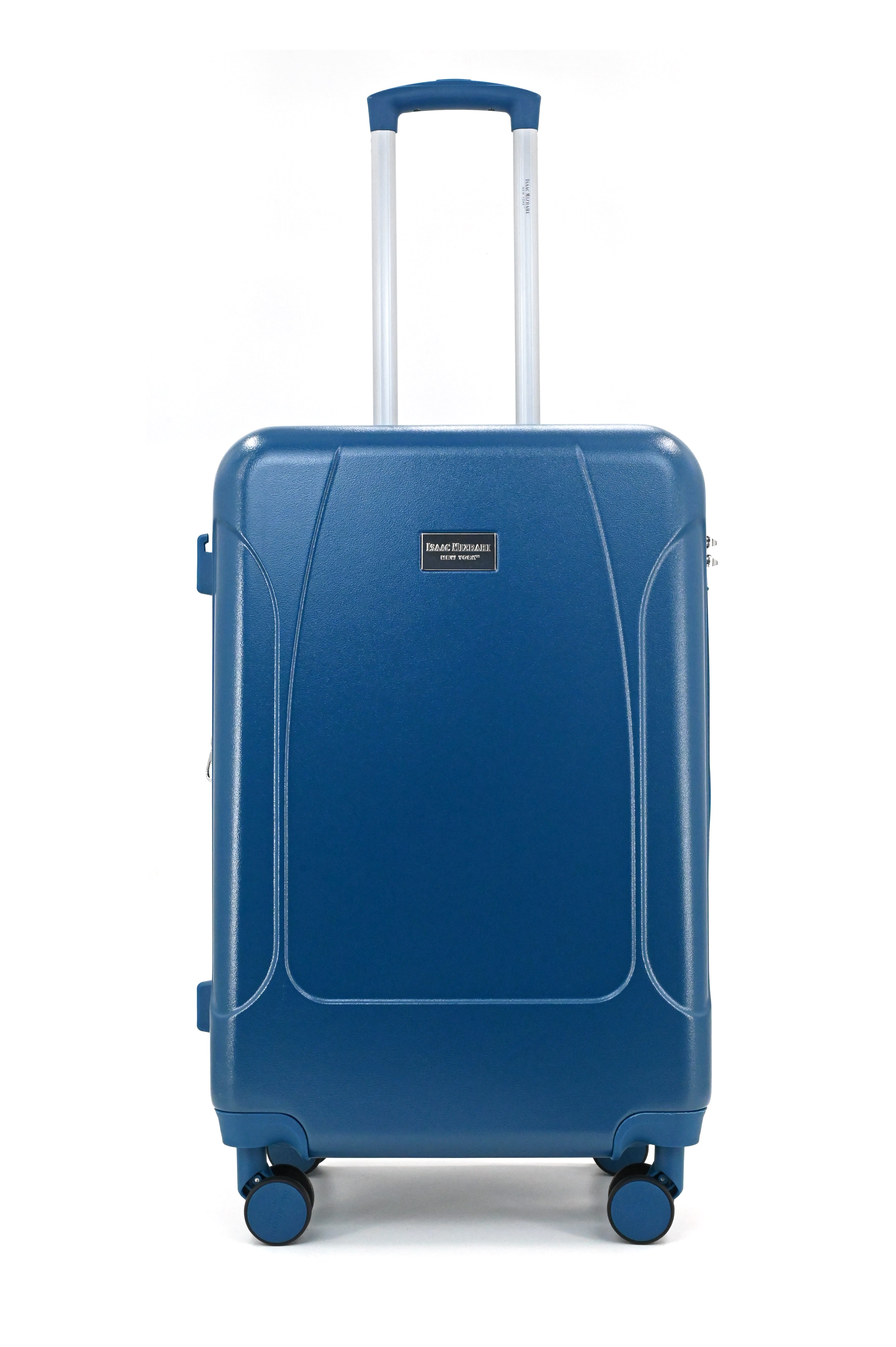 Blue suitcase with a visible brand logo on a white background