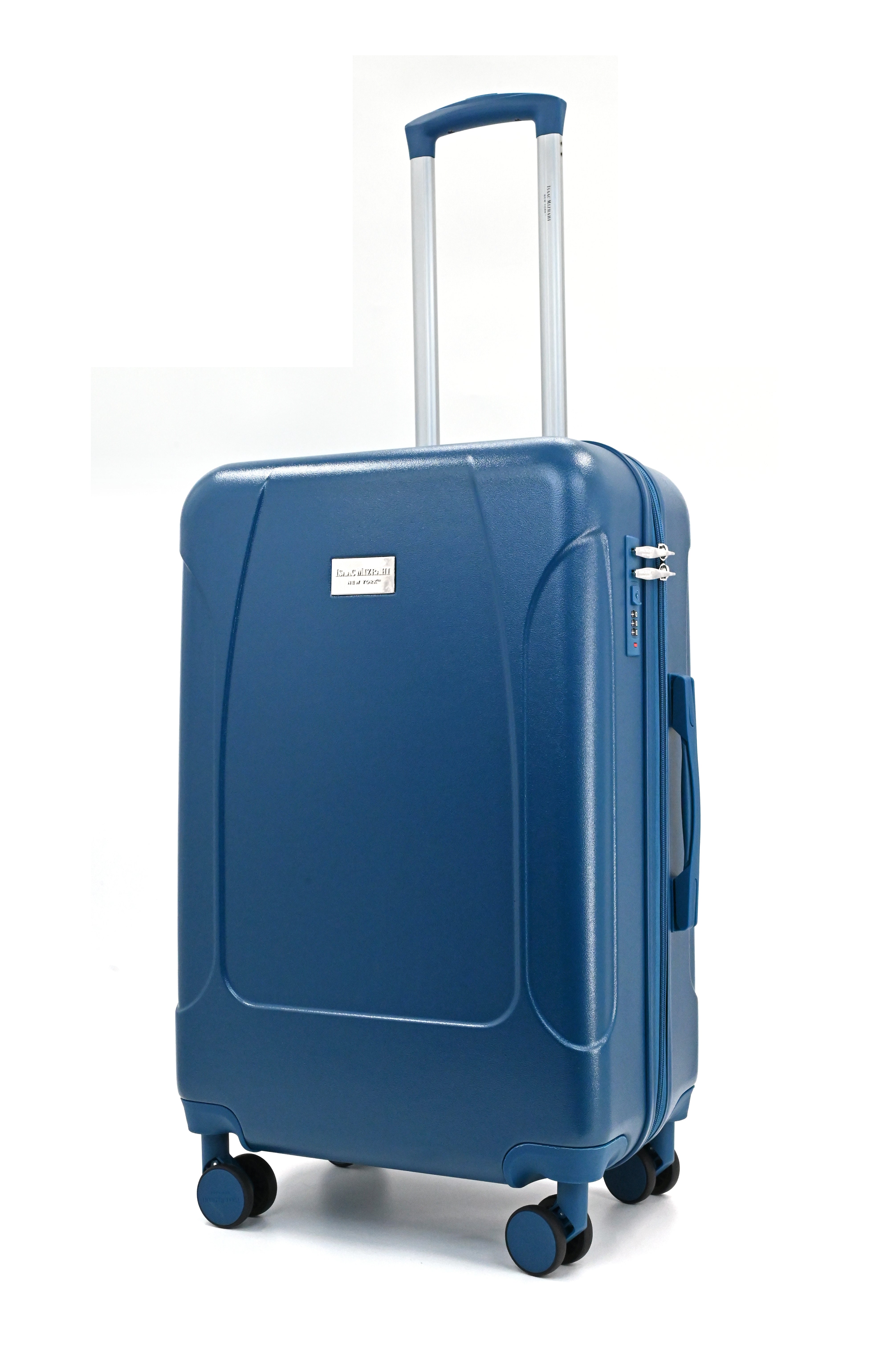 Blue suitcase with wheels on a white background