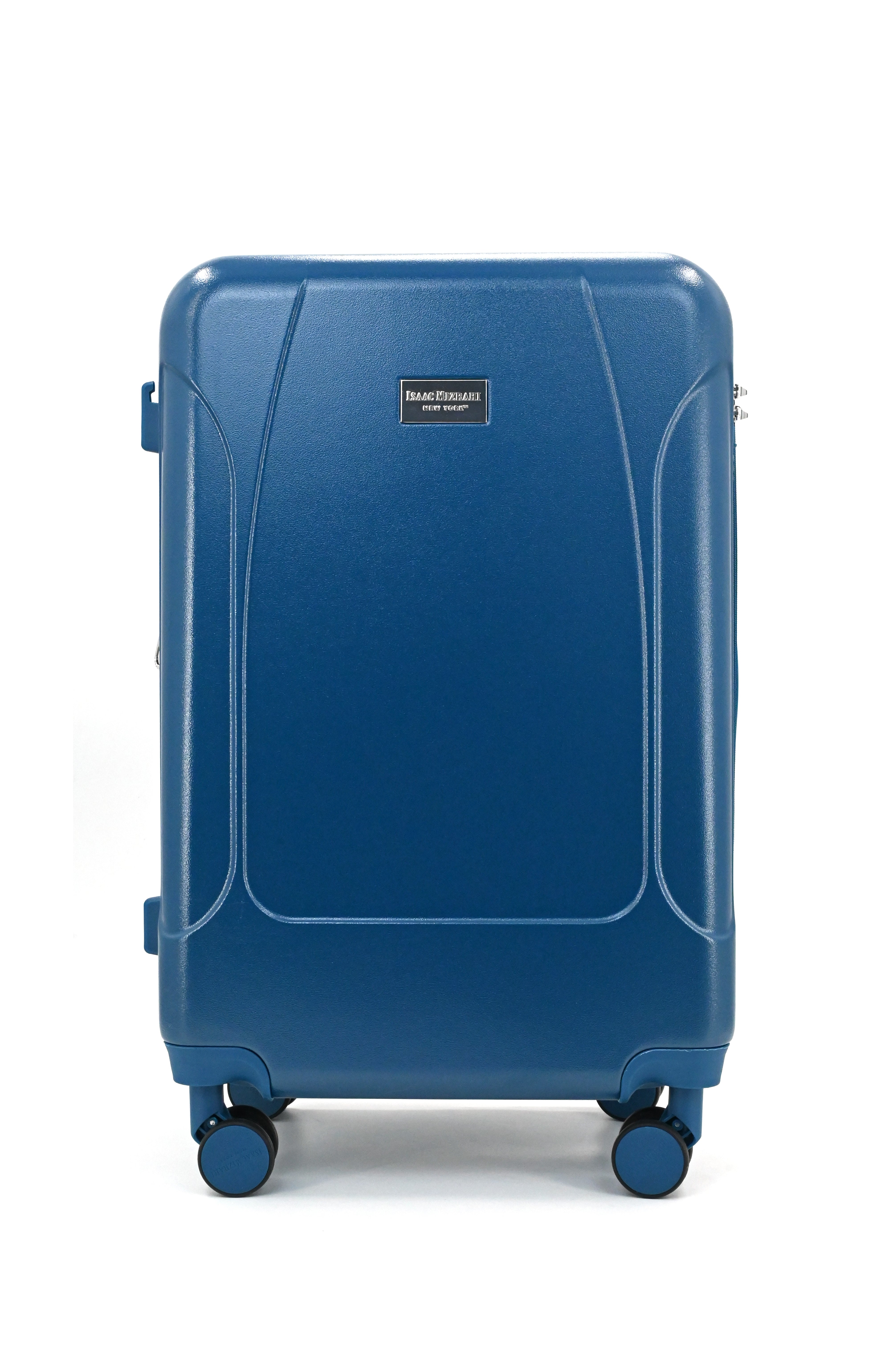 Blue suitcase with wheels on a white background
