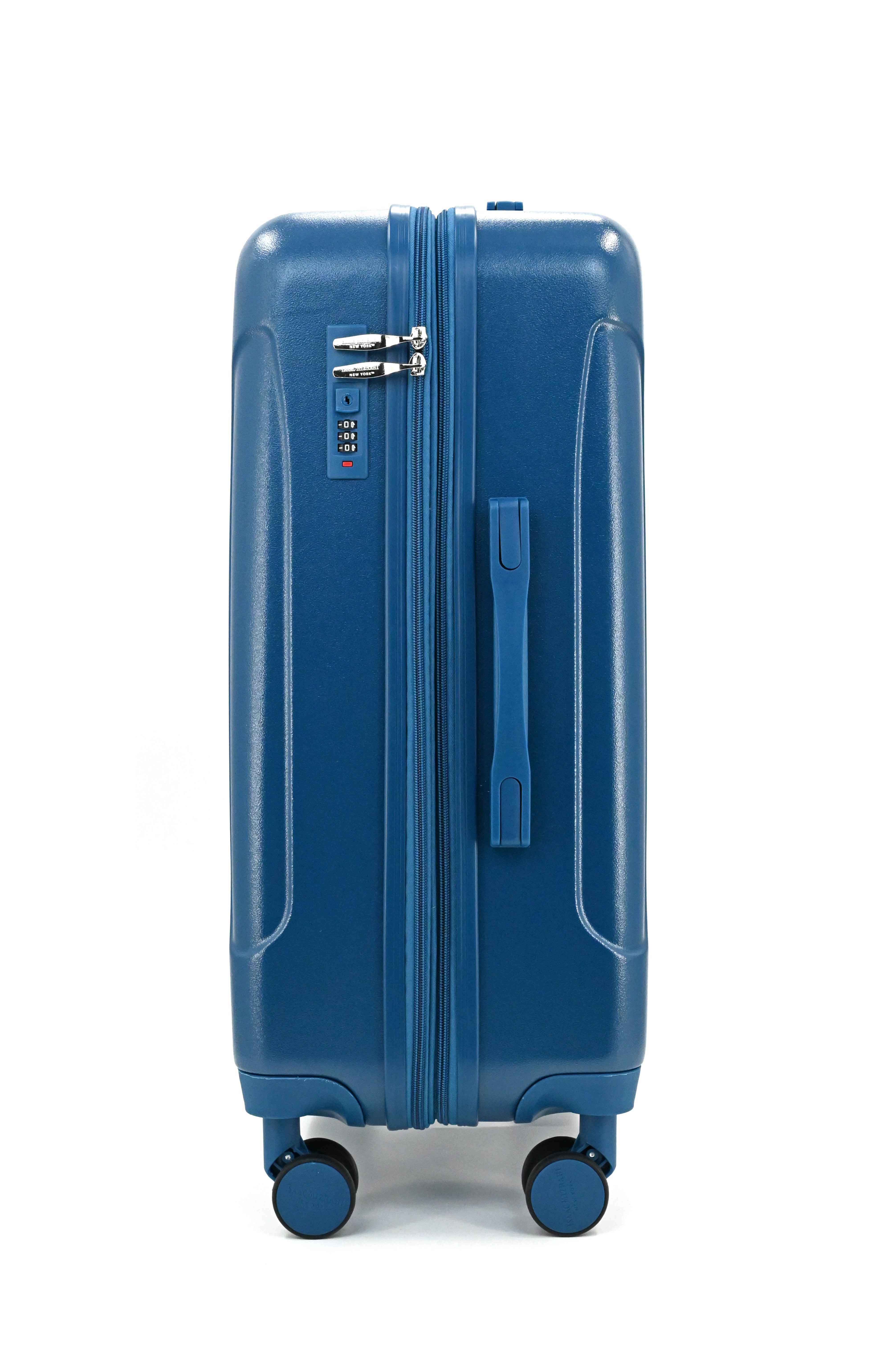 Blue suitcase with wheels on a white background