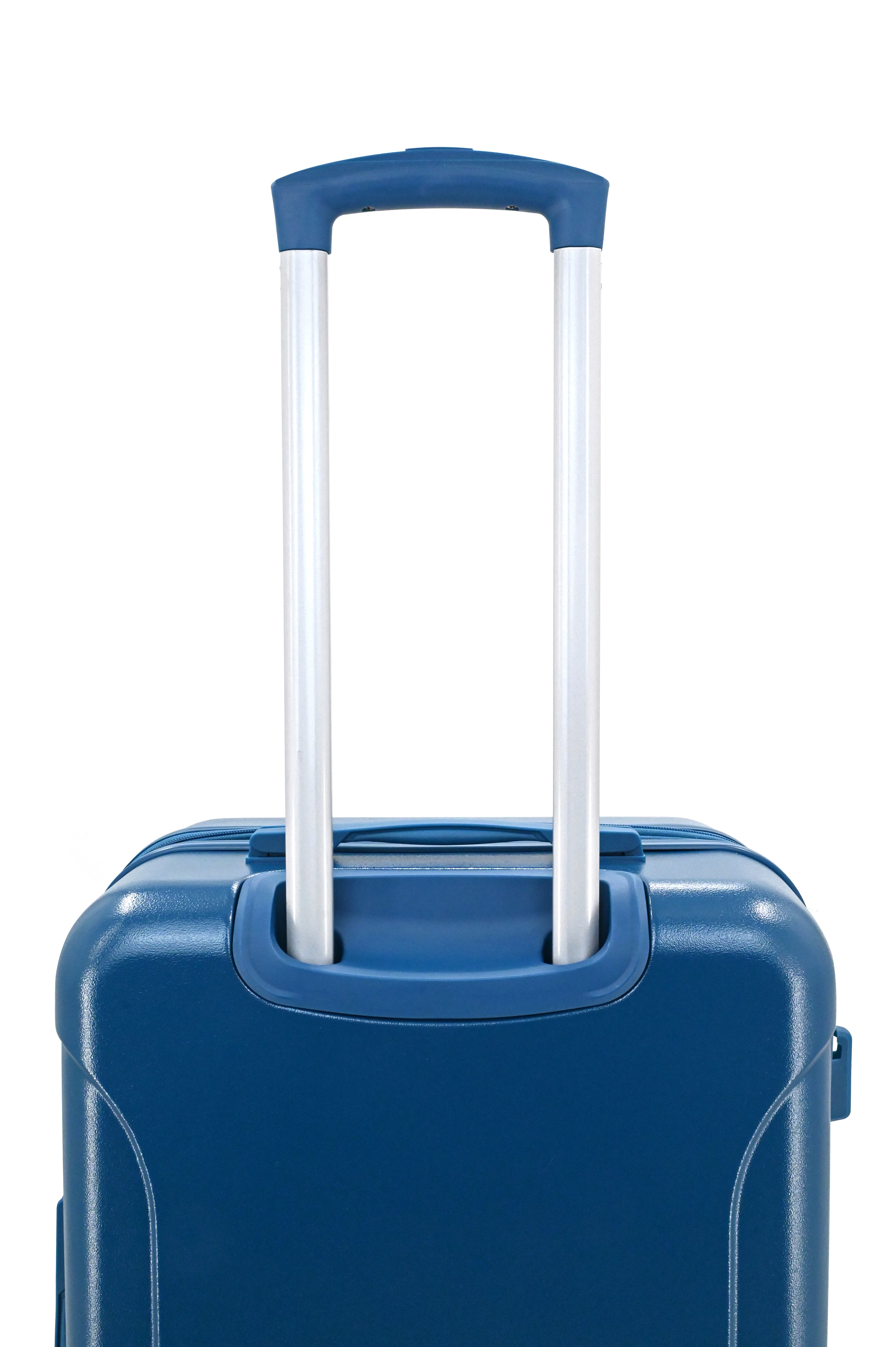 Blue suitcase with a white handle on a white background
