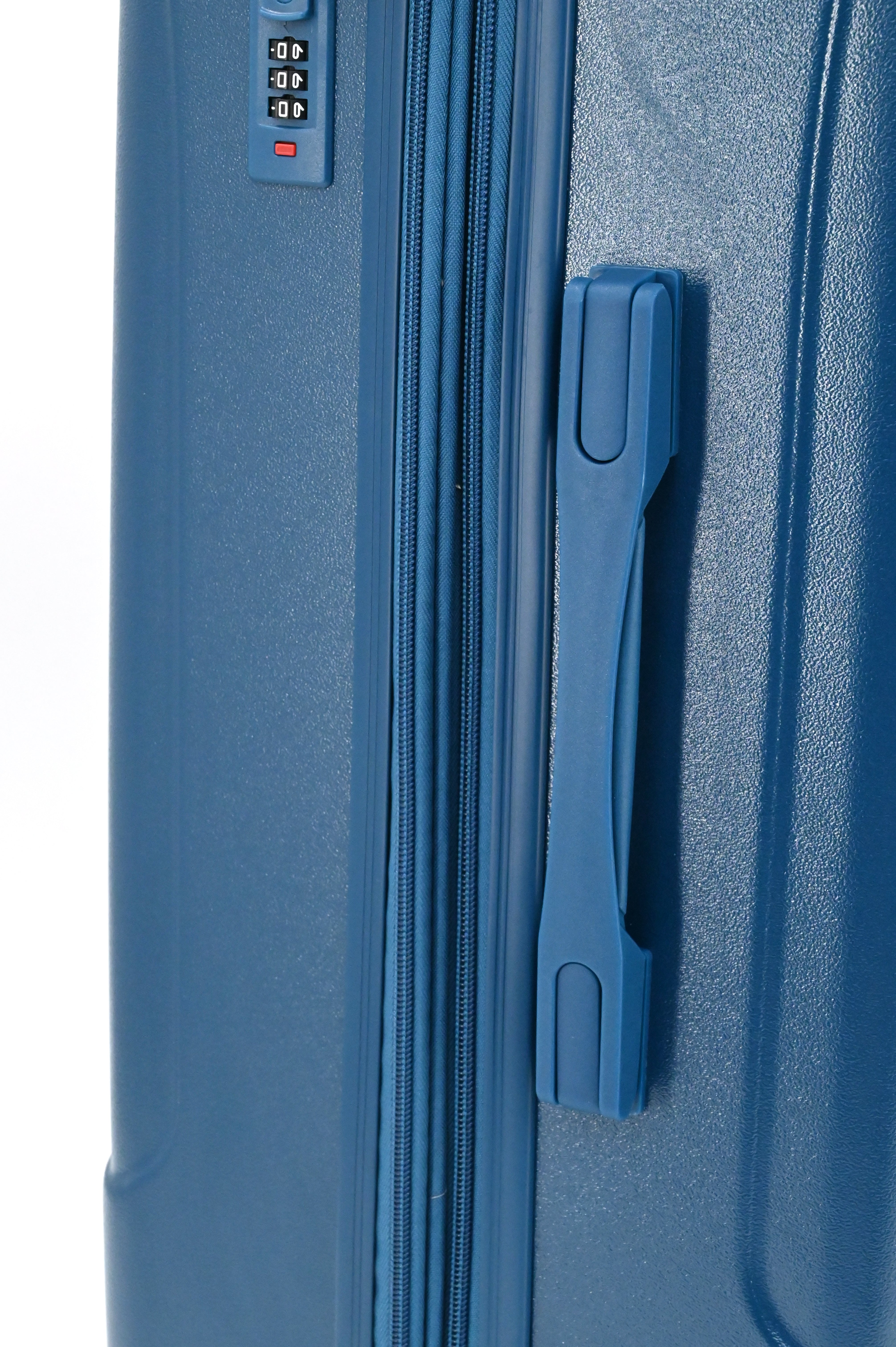 Blue suitcase with handle and combination lock on a white background