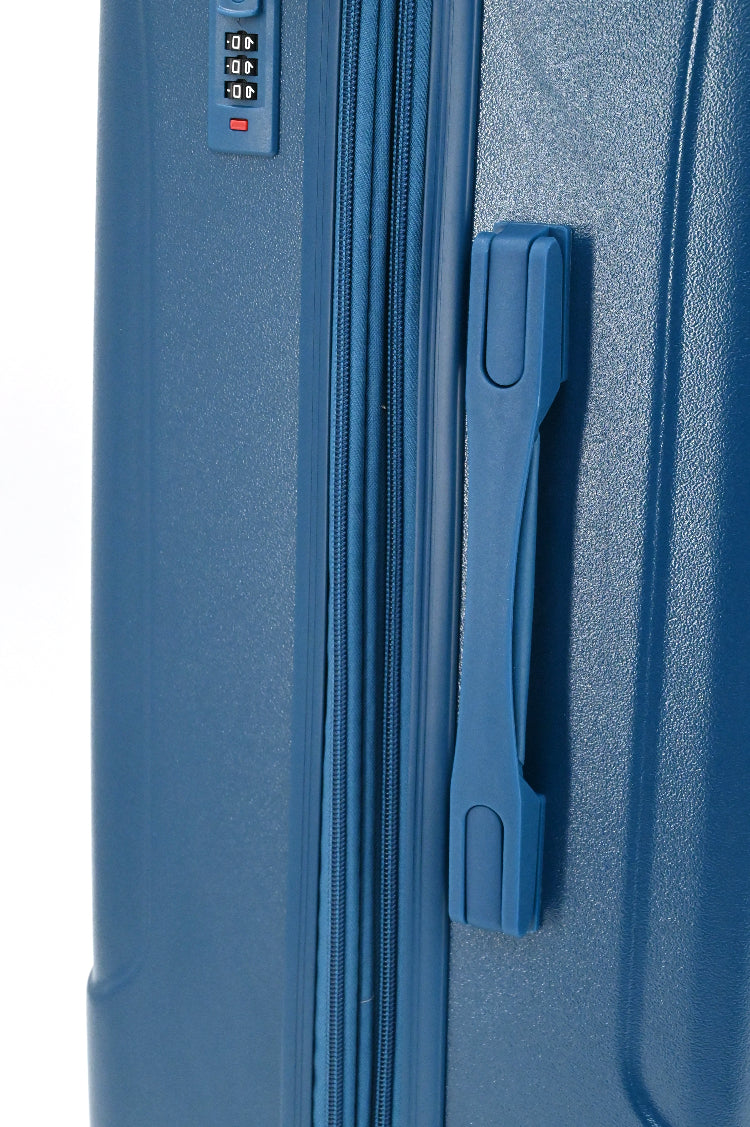 Blue suitcase with handle and combination lock on a white background