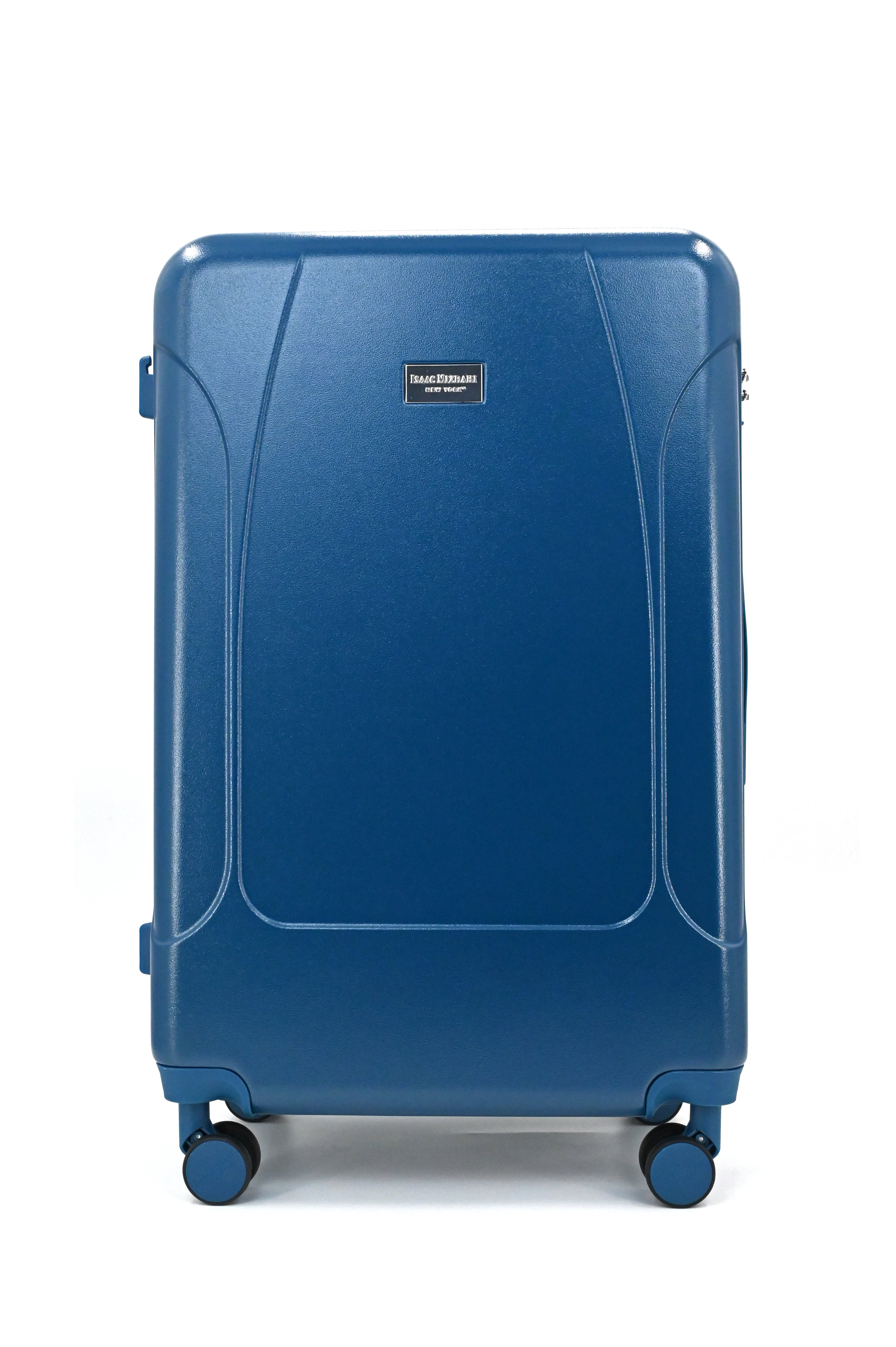 Blue suitcase with a visible brand logo on a white background