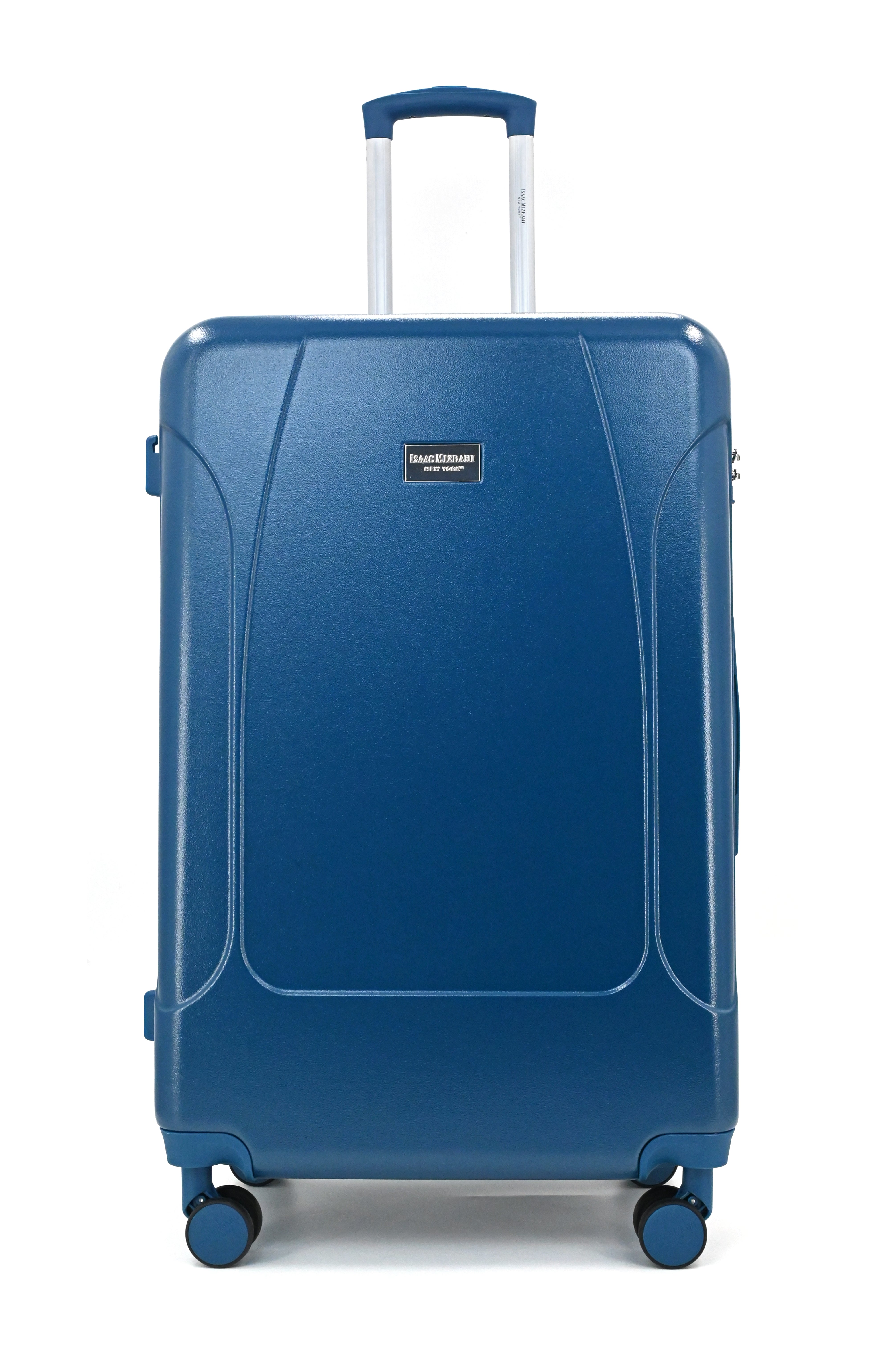 Blue suitcase with a visible brand logo on a white background