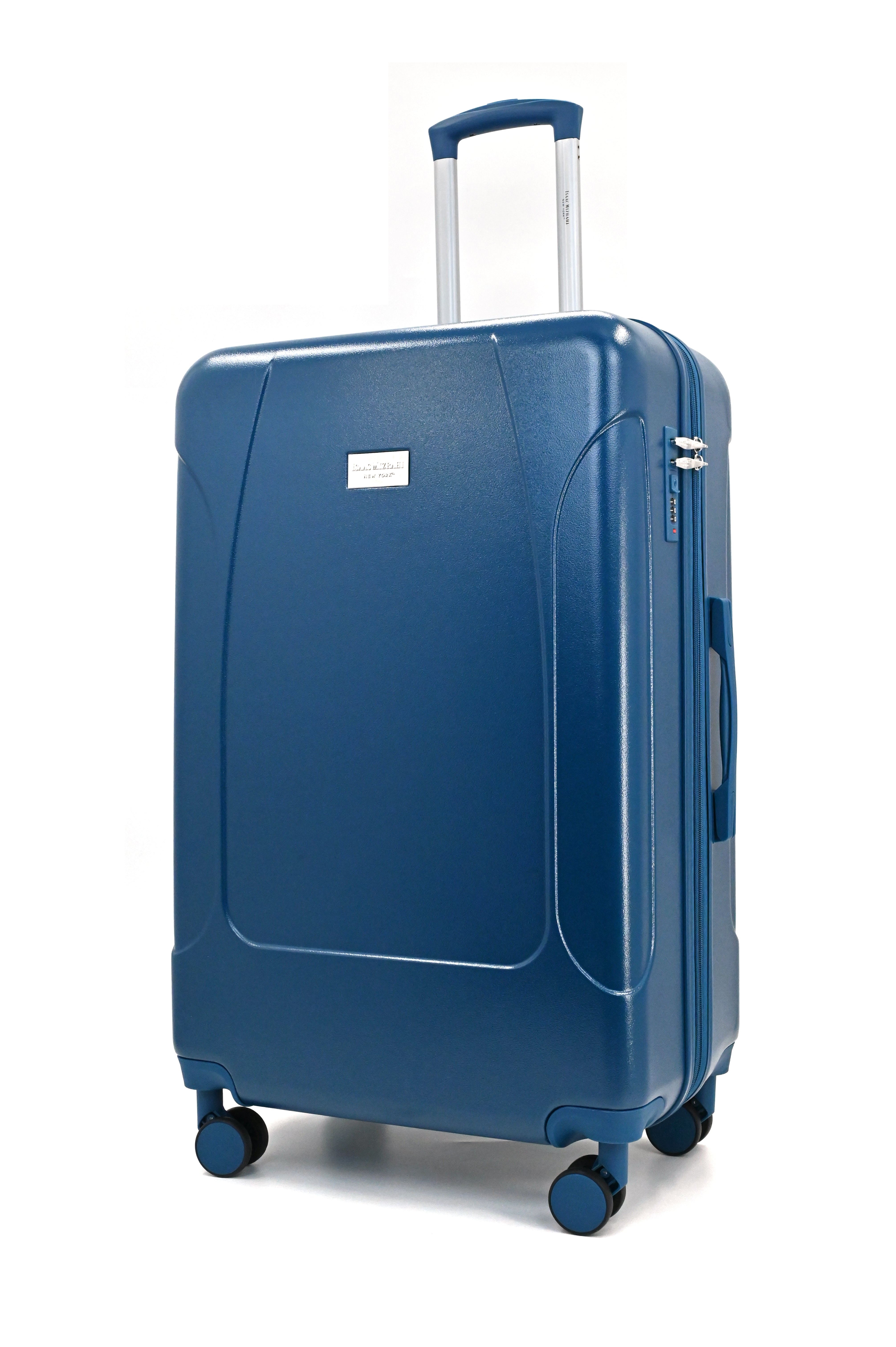 Blue suitcase with wheels and a handle on a white background