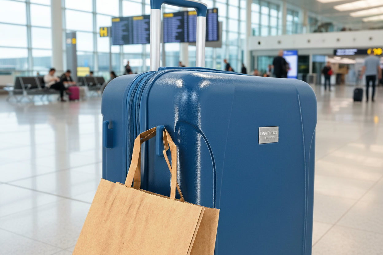 Blue suitcase with a paper bag attached on a white background