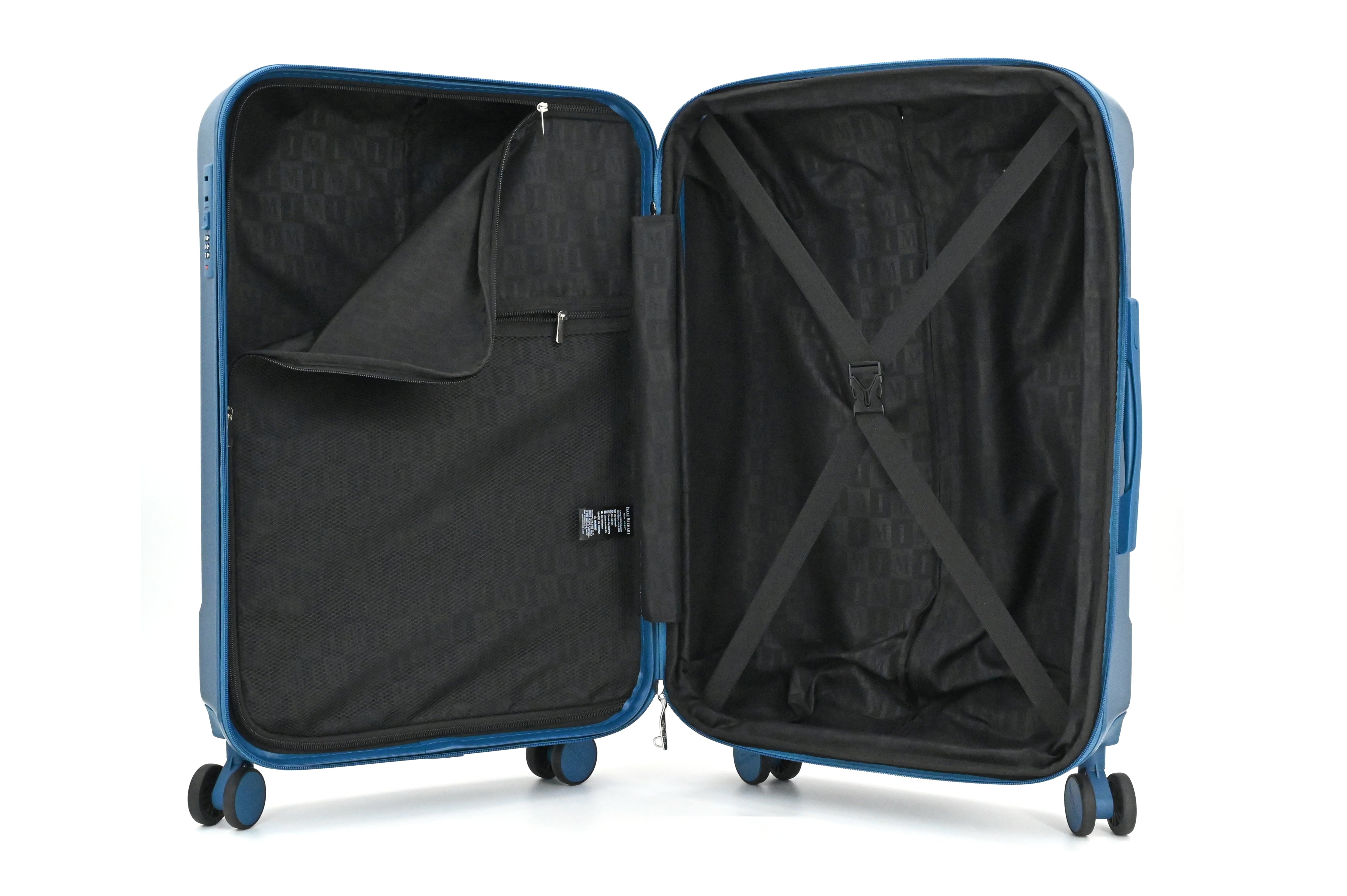 Blue suitcase with open lid on a white background