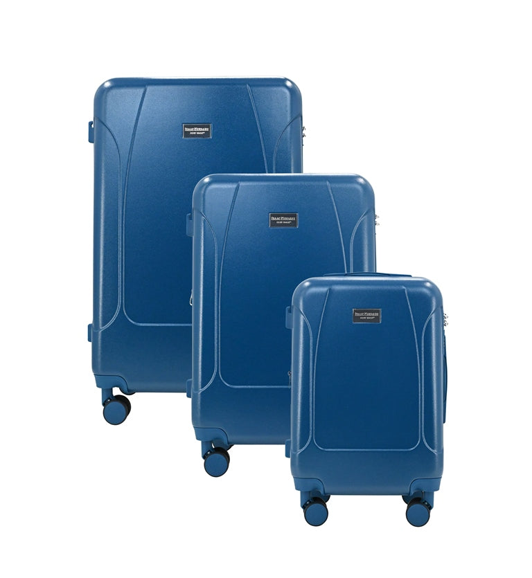 Set of three blue suitcases of different sizes on a white background