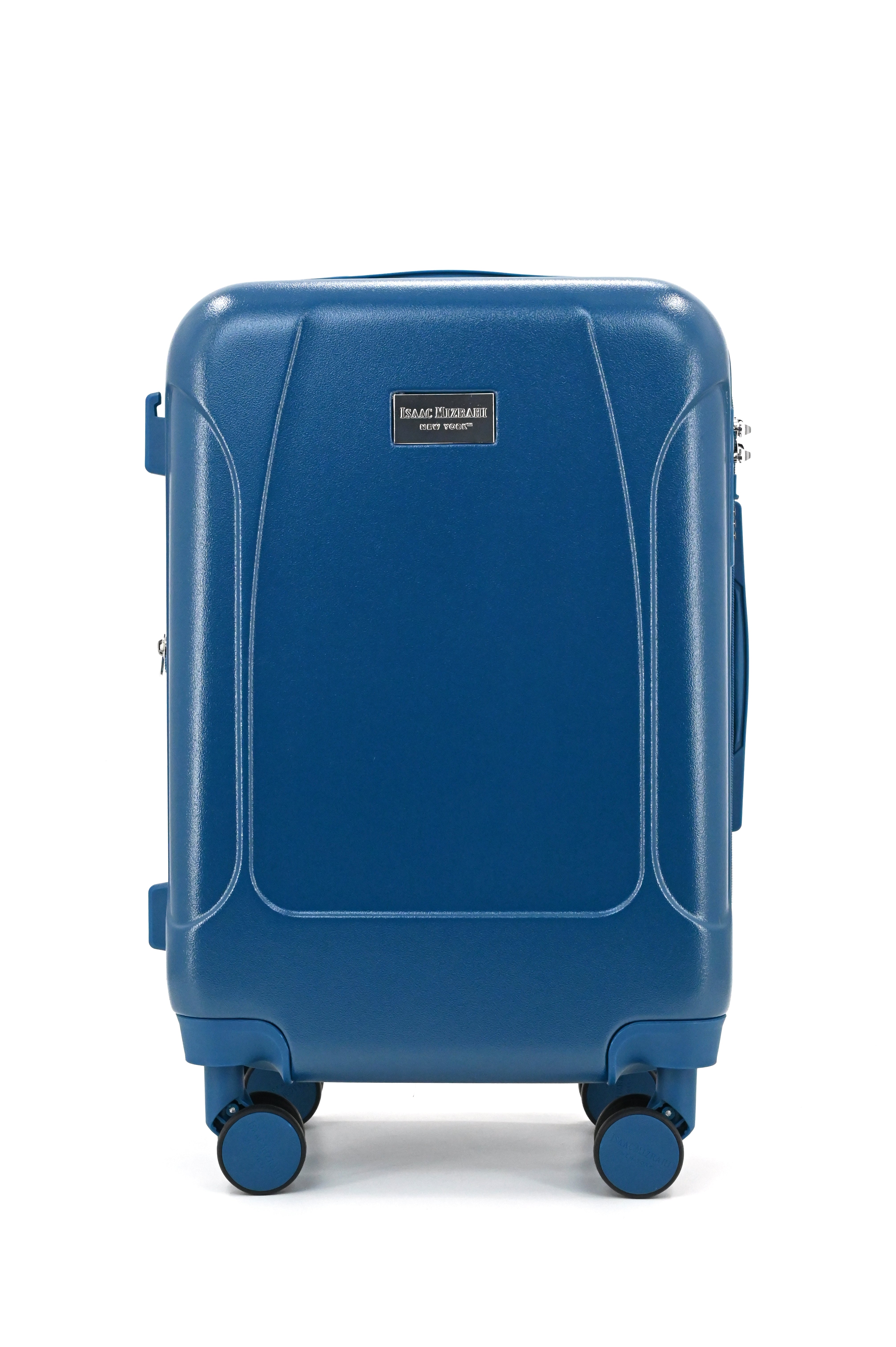 Blue suitcase with a visible brand logo on a white background