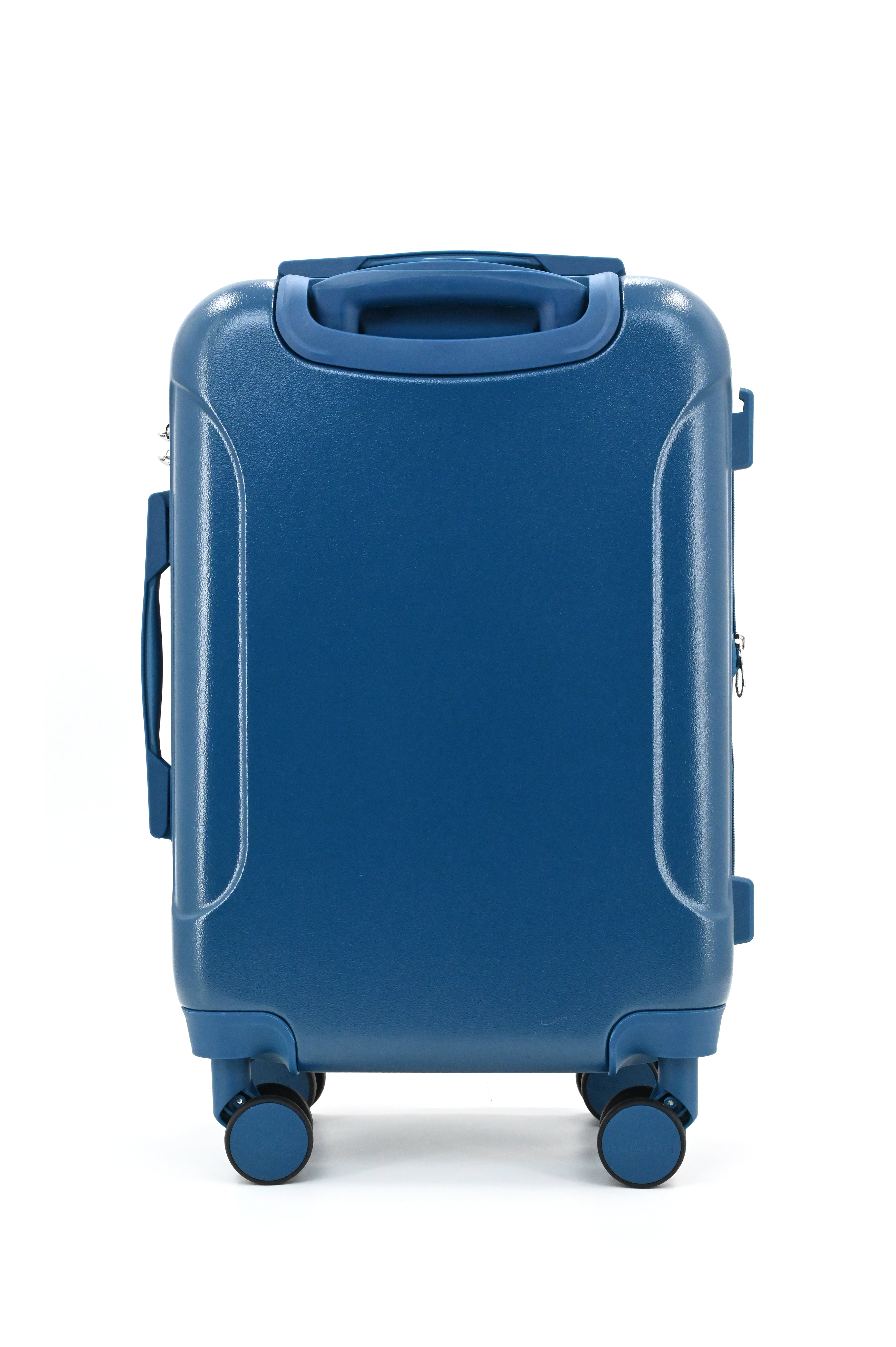 Blue suitcase with wheels on a white background
