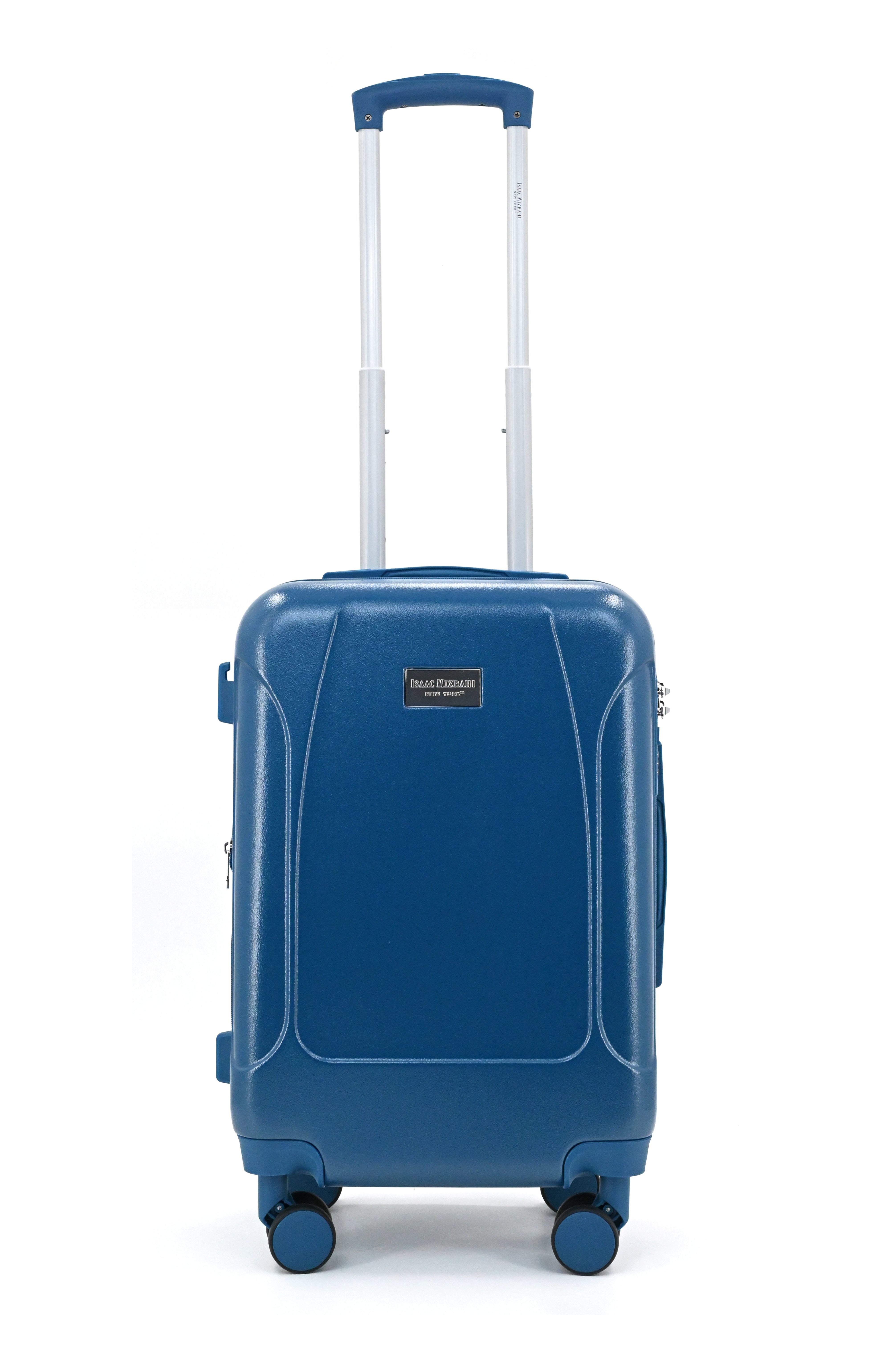 Blue suitcase with a visible brand logo on a white background