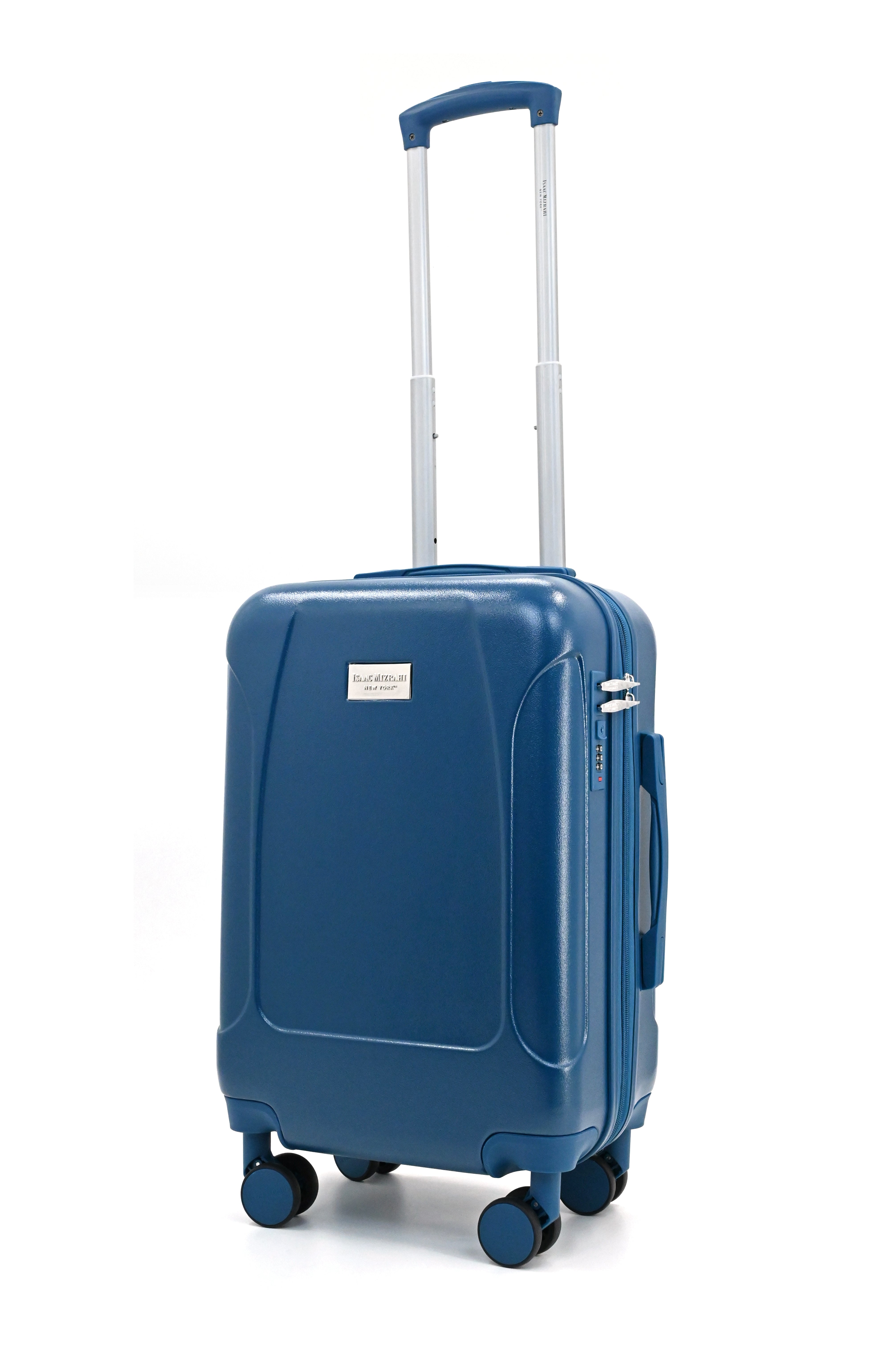 Blue suitcase with wheels and handle on a white background
