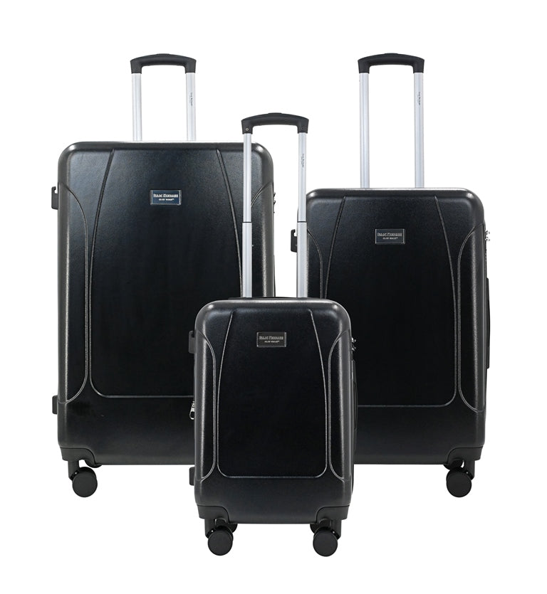 Set of black suitcases with visible brand logo on a white background