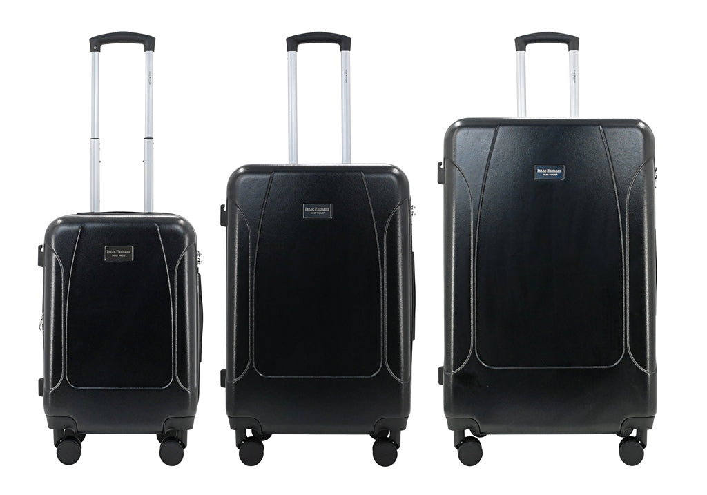 Three black suitcases of different sizes on a white background