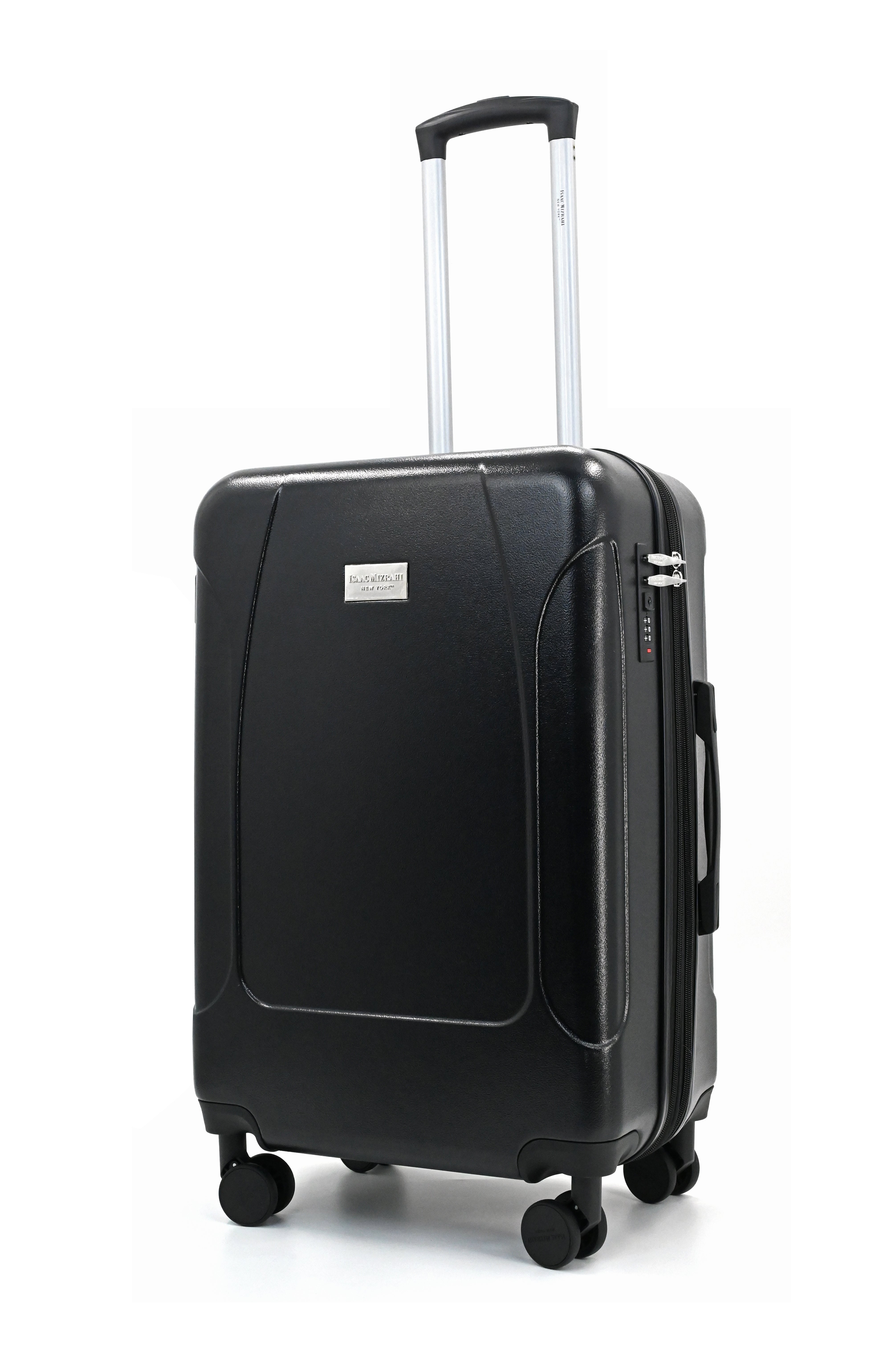 Black suitcase with wheels and handle on a white background