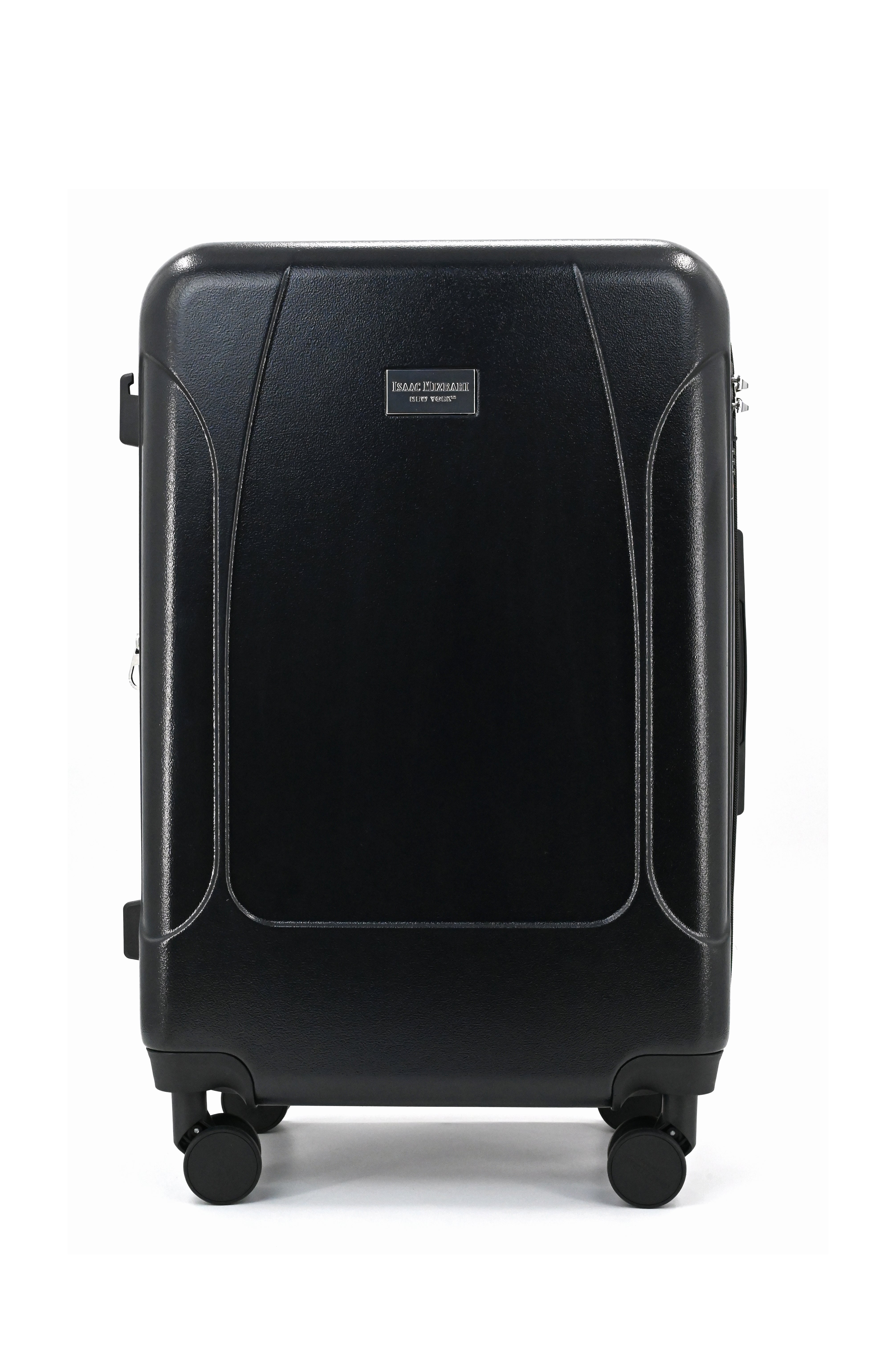 Black suitcase with a visible brand logo on a white background