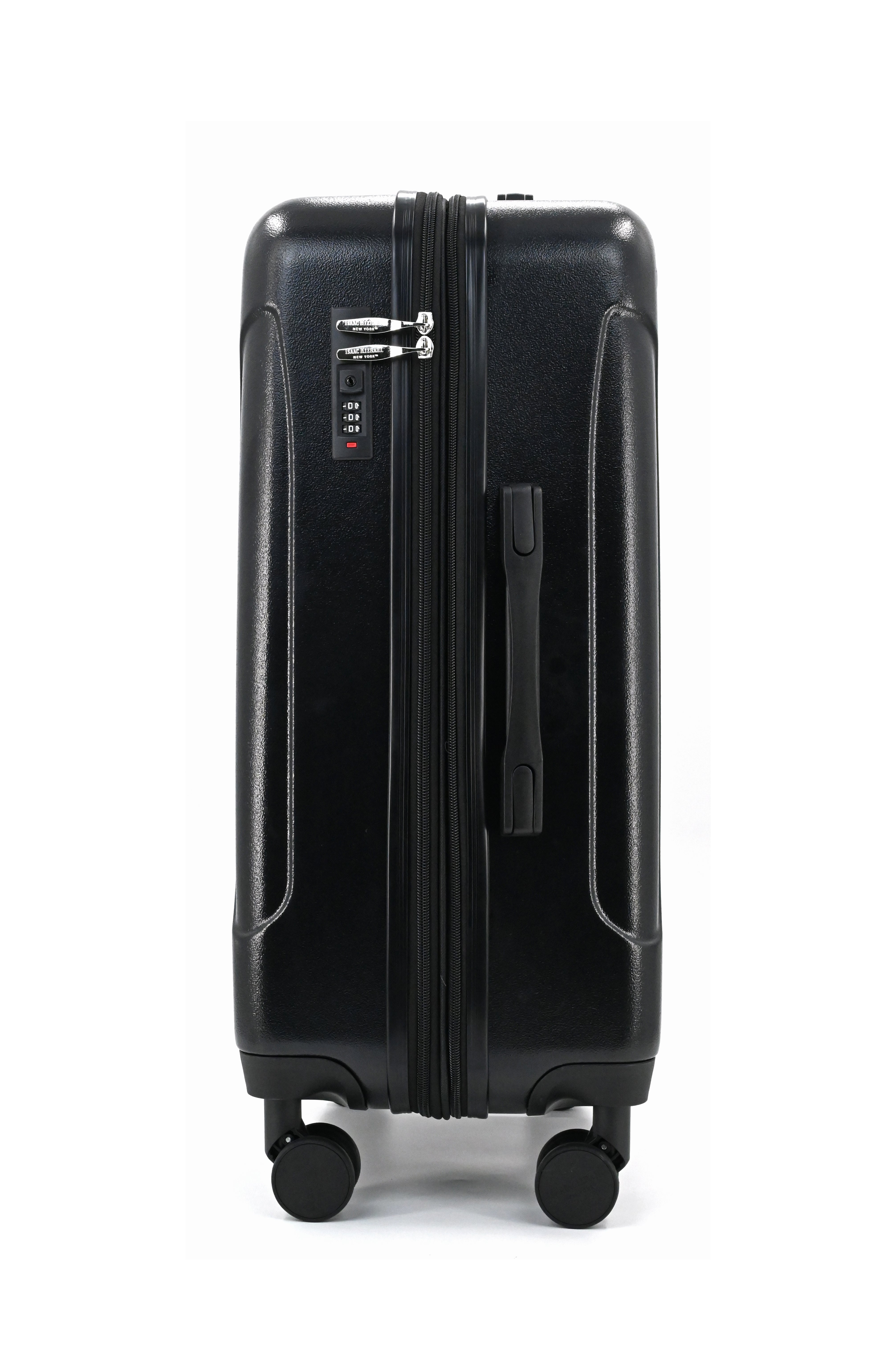 Black suitcase with wheels on a white background