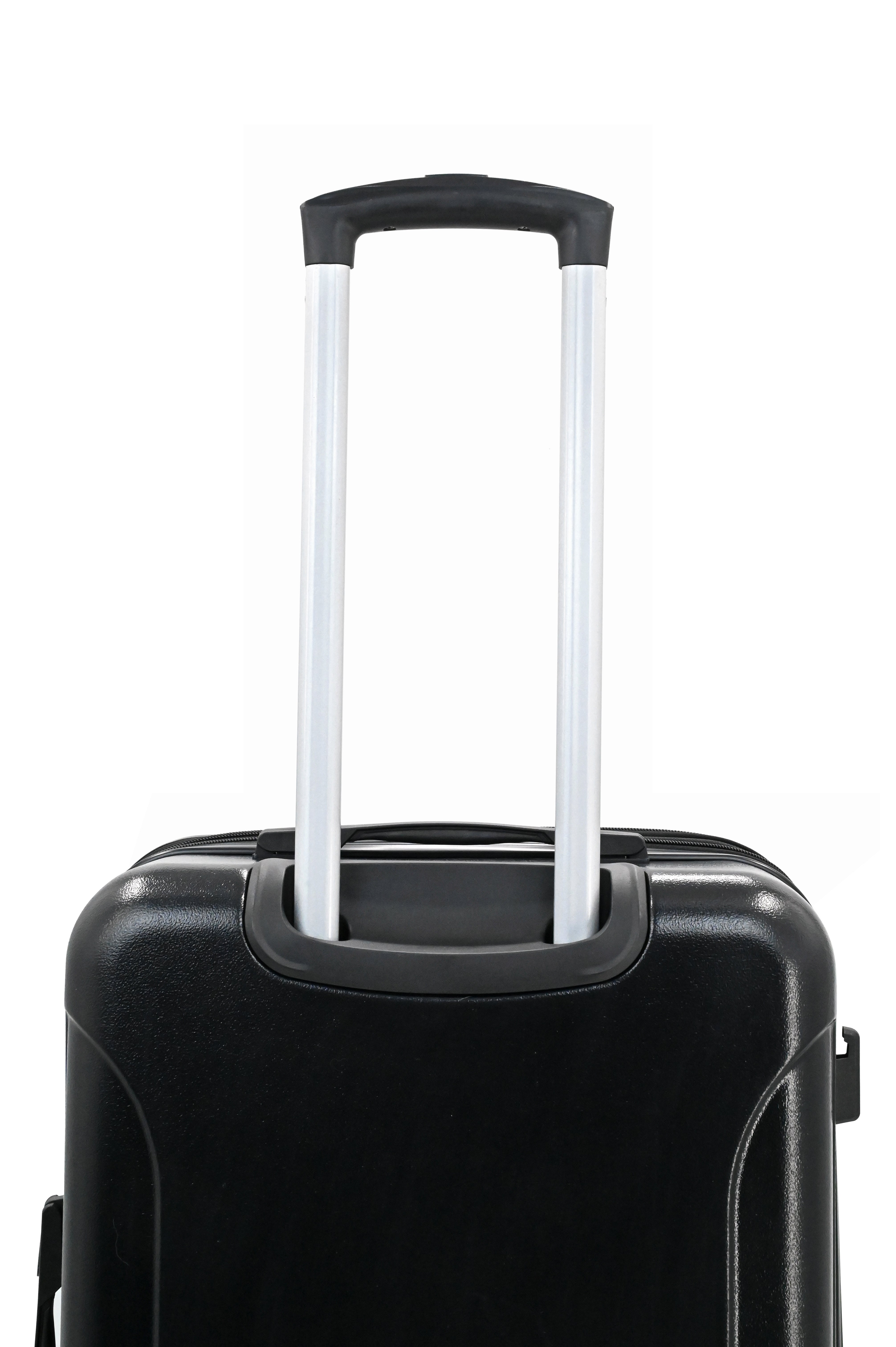 Black suitcase with a visible handle on a white background