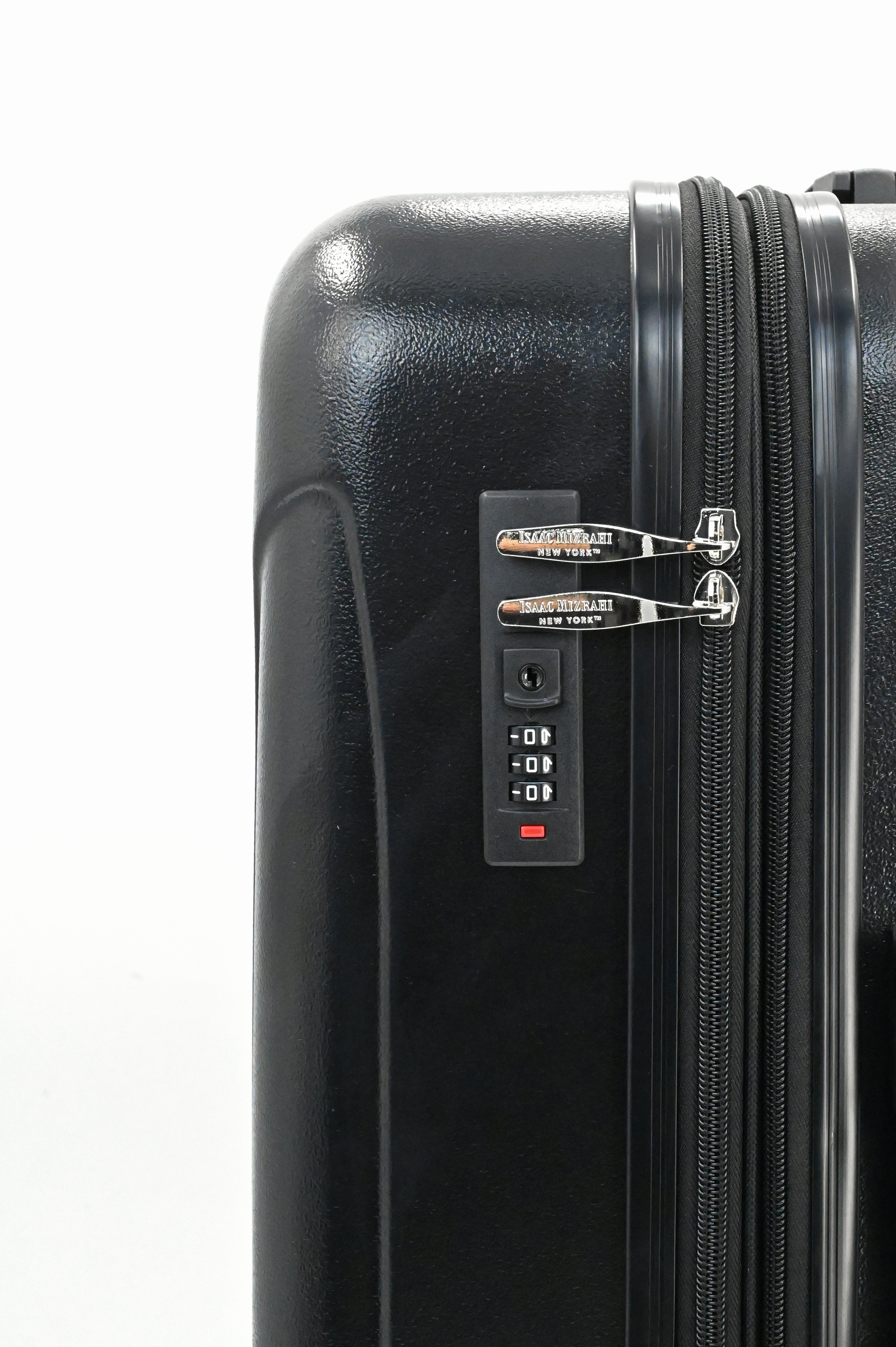 Black suitcase with a security lock on a white background