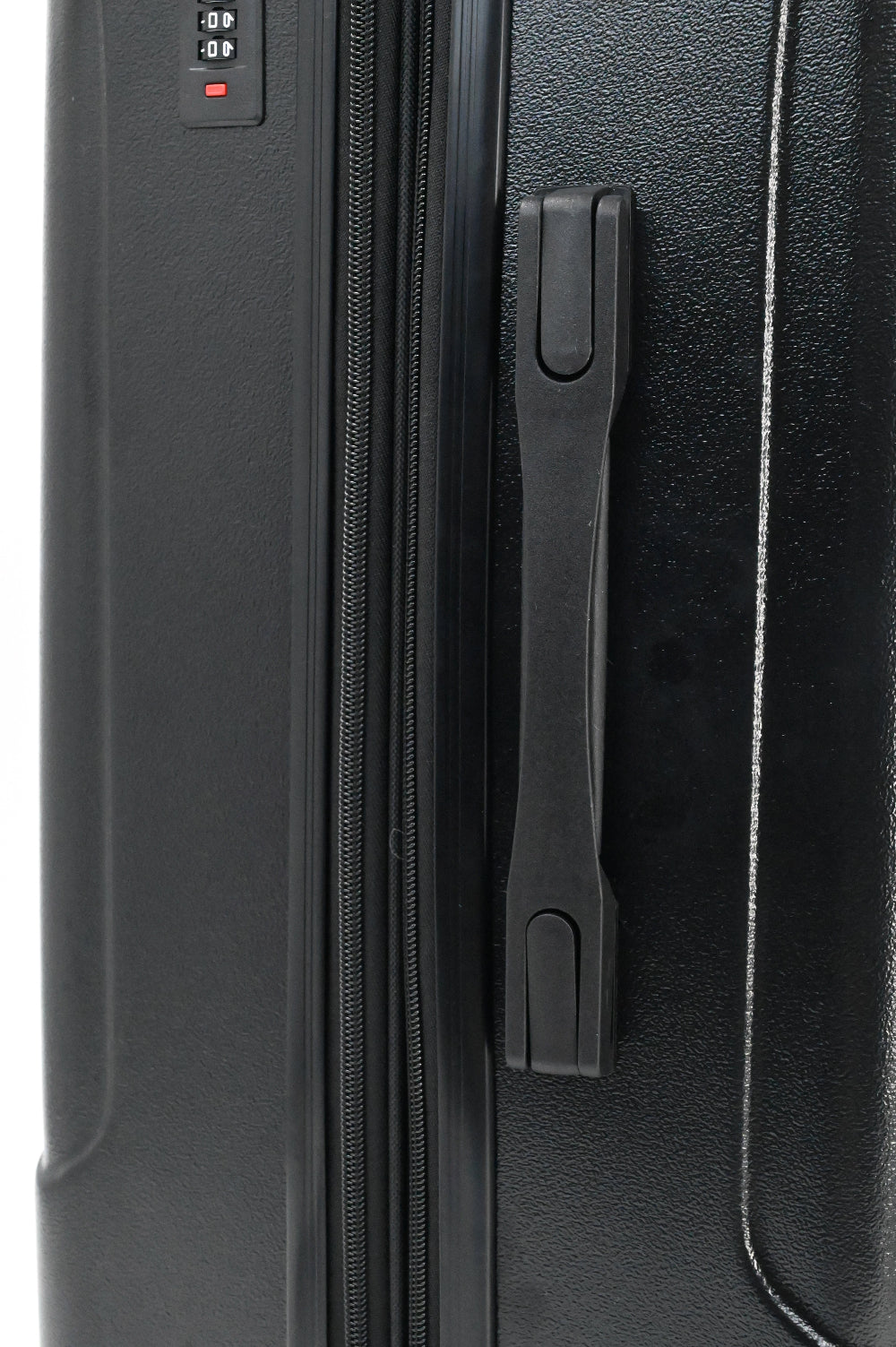 Black suitcase with handle and lock detail on a white background