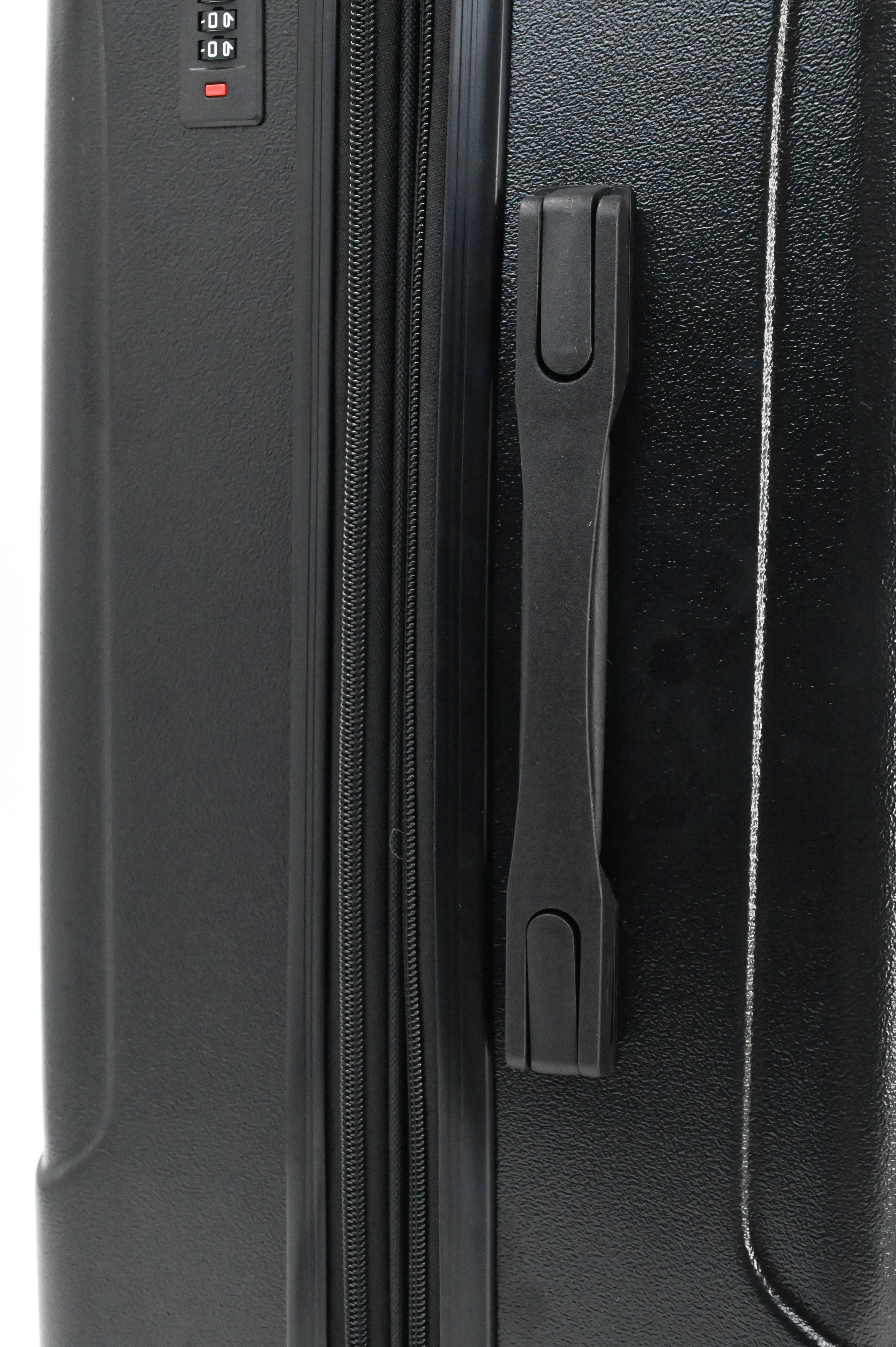 Black suitcase with handle and lock detail on a white background