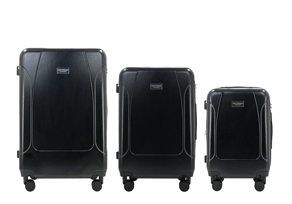Three black suitcases of different sizes on a white background