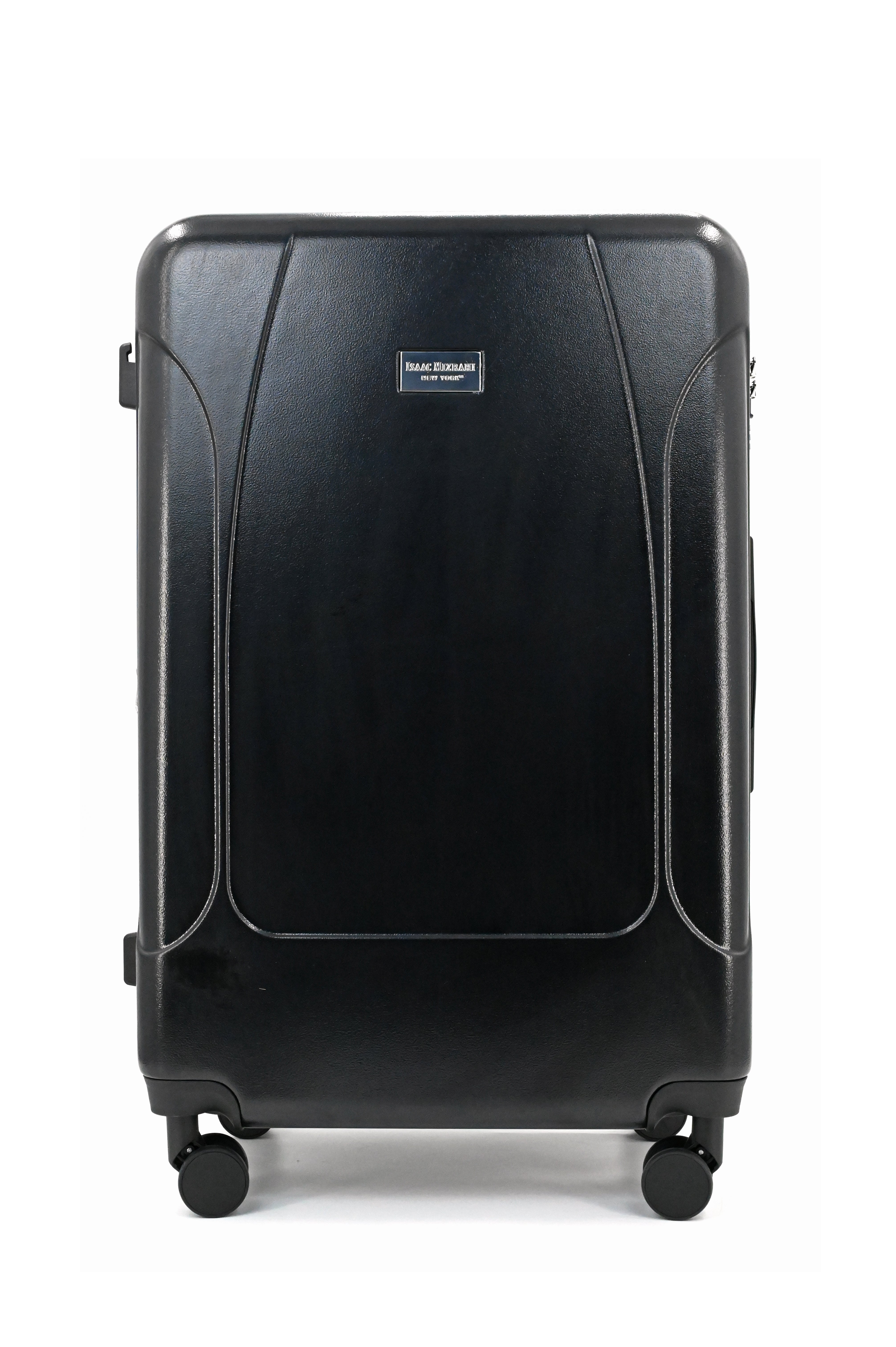 Black suitcase with wheels on a white background
