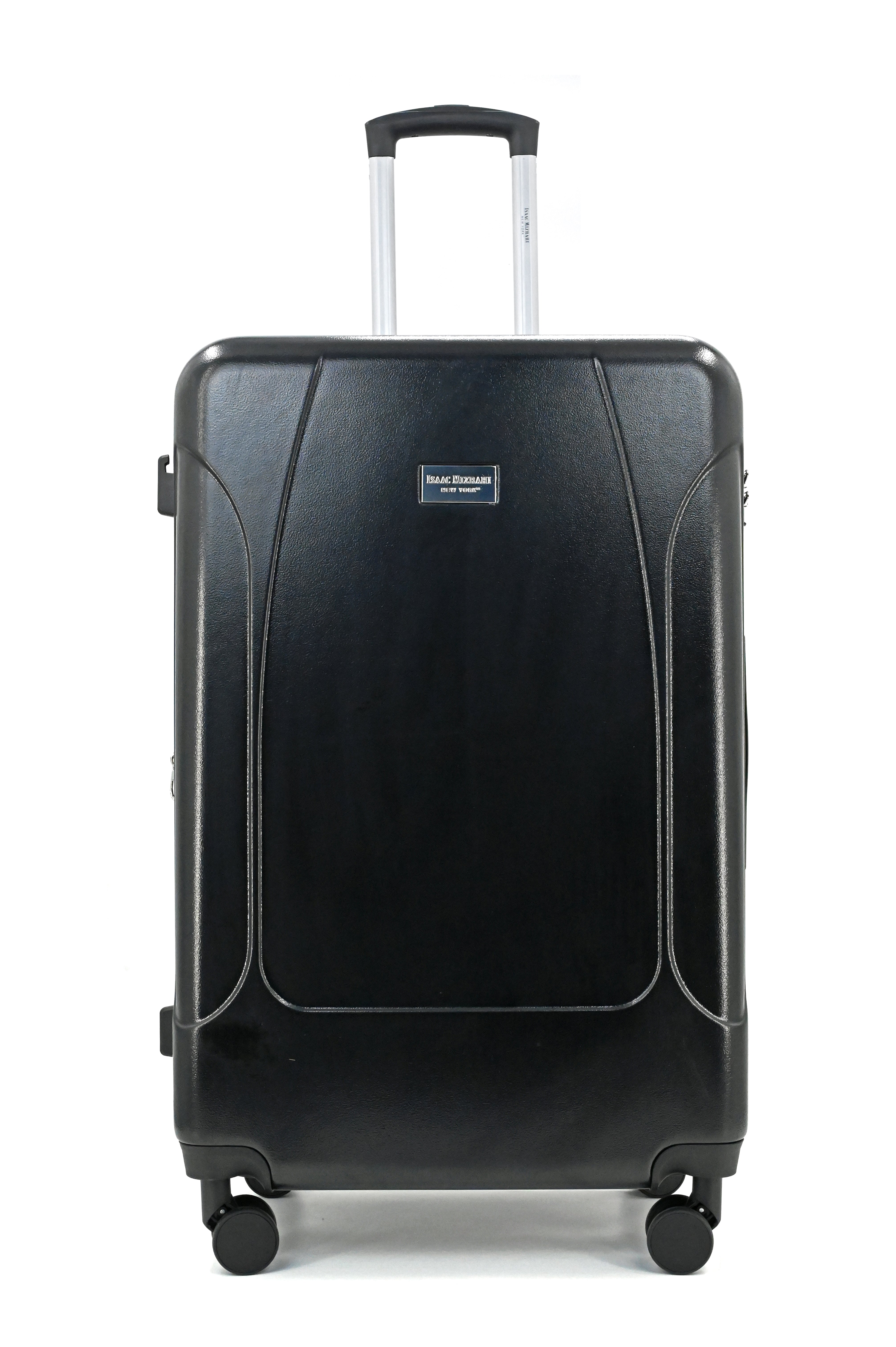 Black suitcase with a visible brand logo on a white background