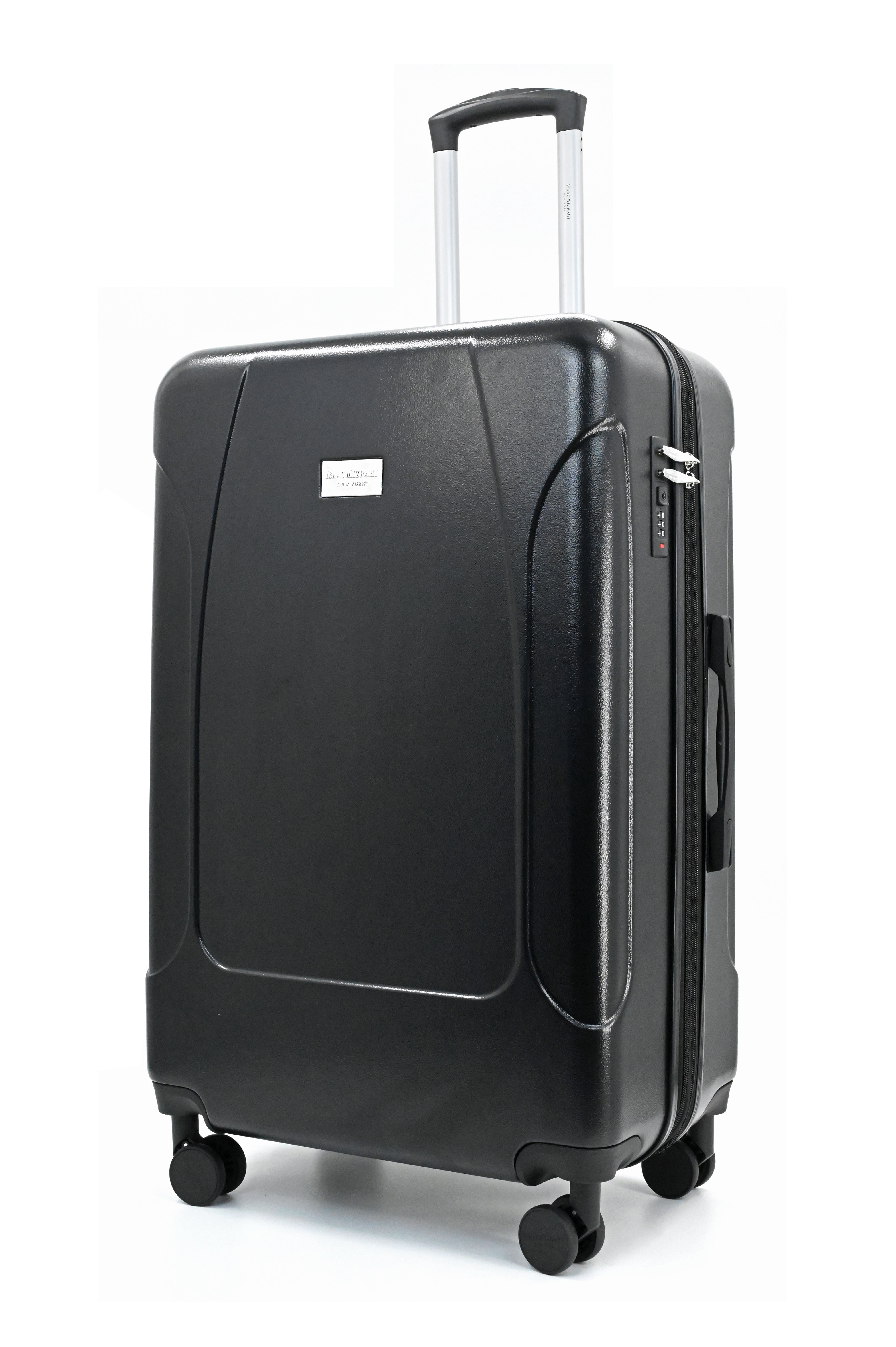 Black suitcase with wheels and handle on a white background