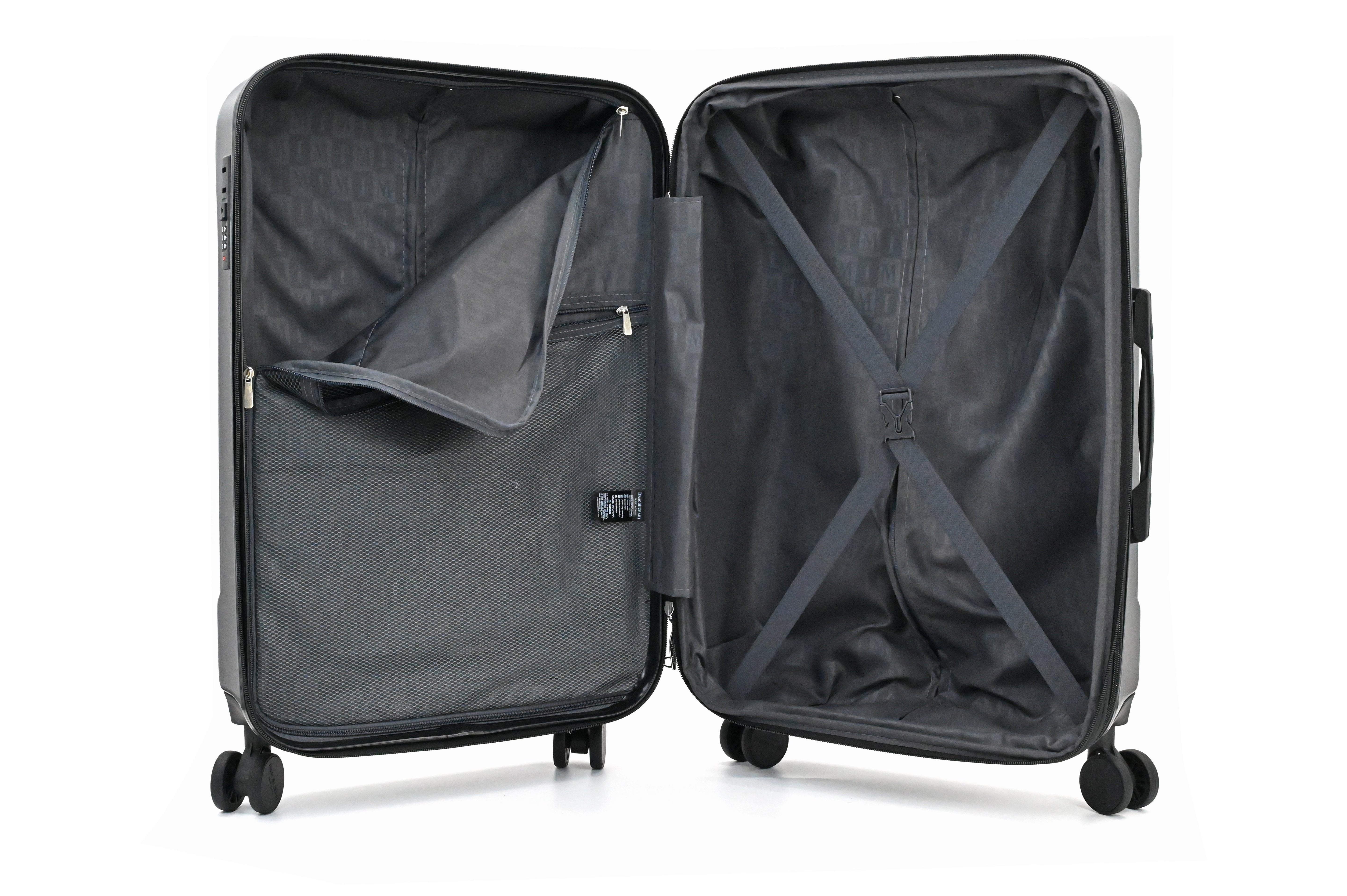 Open gray suitcase on a white background